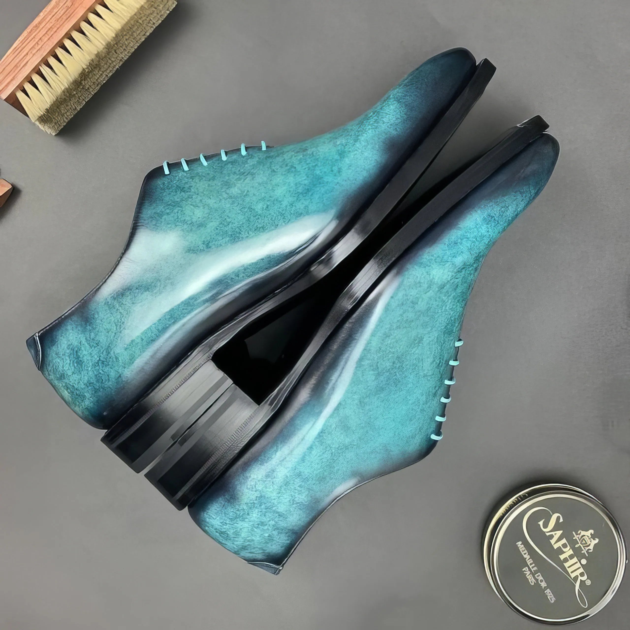 Turquoise leather Mina patina wholecut chisel toe shoes II