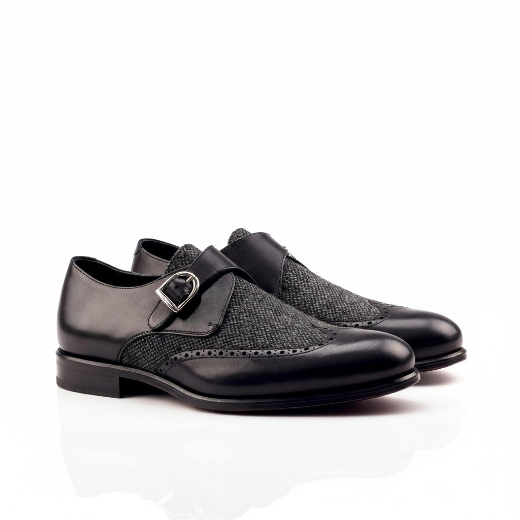 Mina Sartorial single monk black leather tweed pair