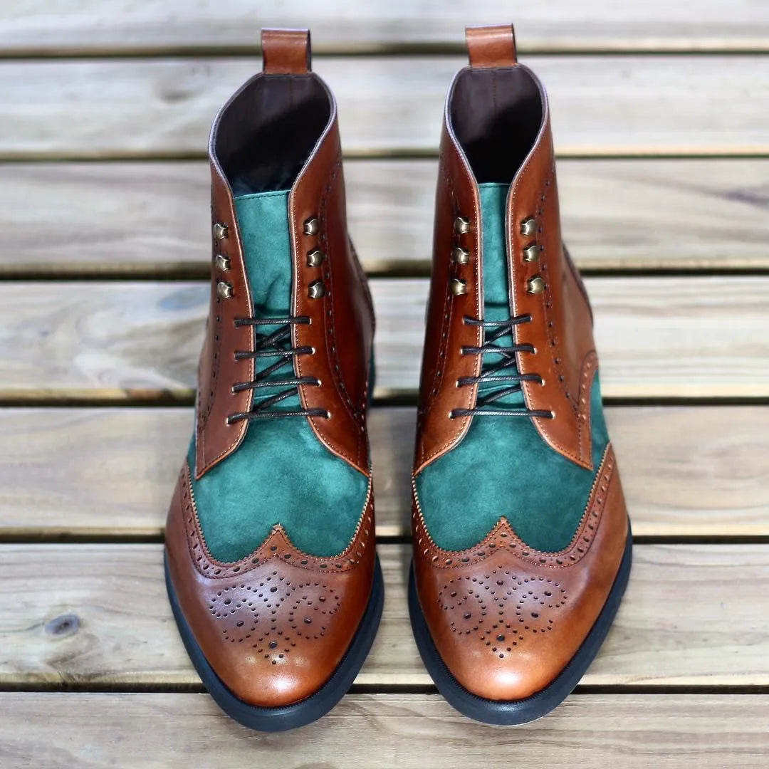Moscow military brogue boots in brown and green leather wingtip