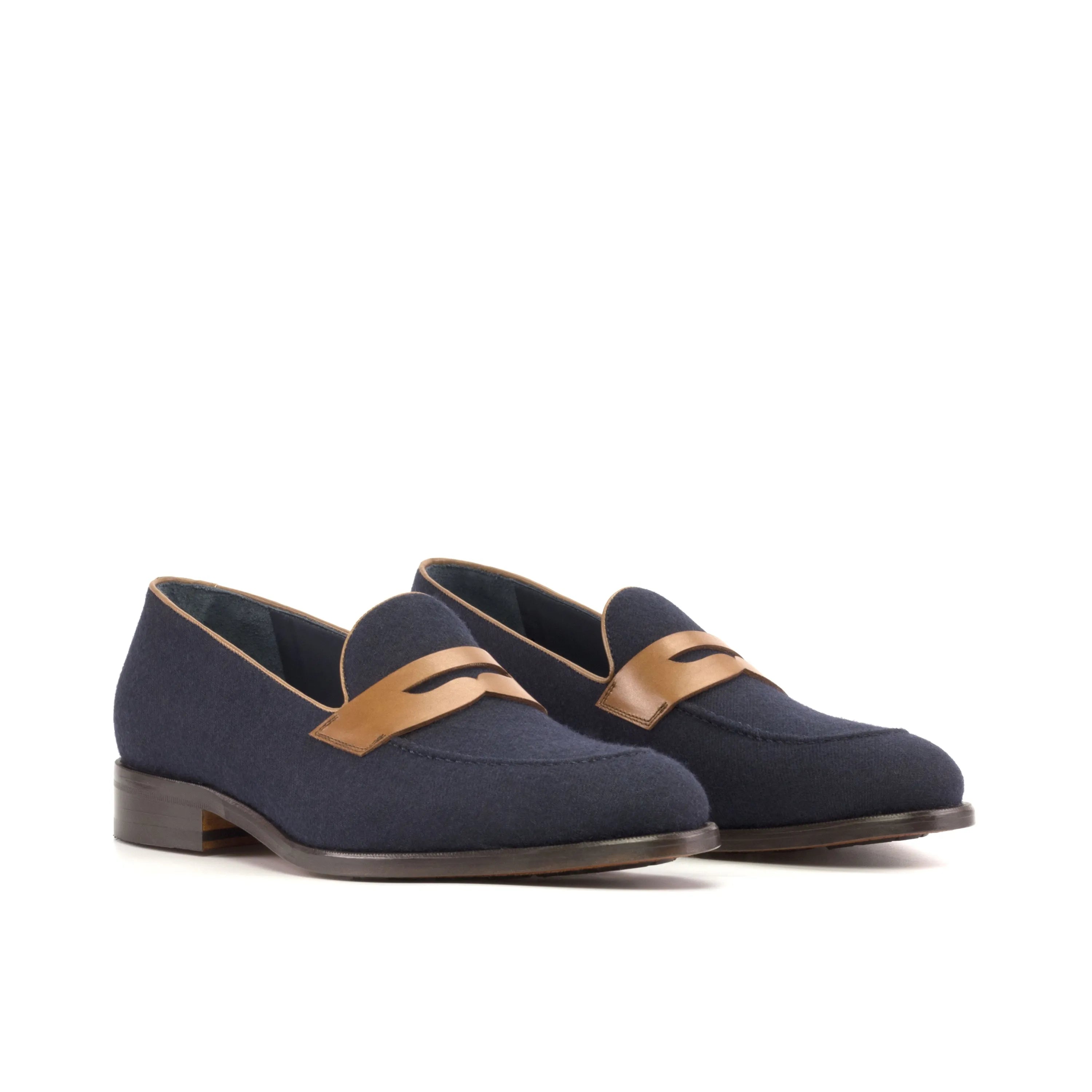 Nab loafers: navy blue leather with brown accents, luxury bespoke shoes for men