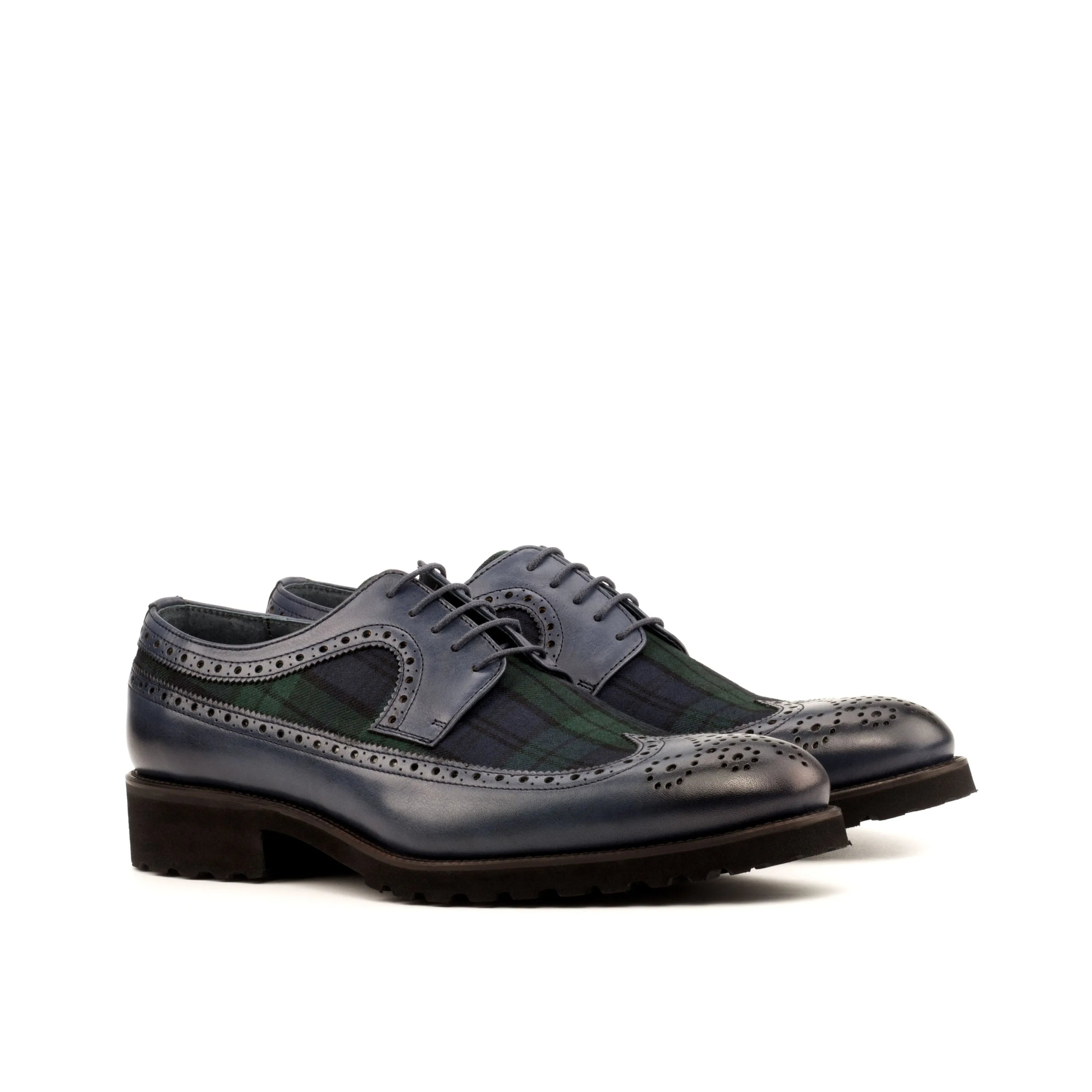 Nakoda Longwing Blucher blue and green plaid dress shoes
