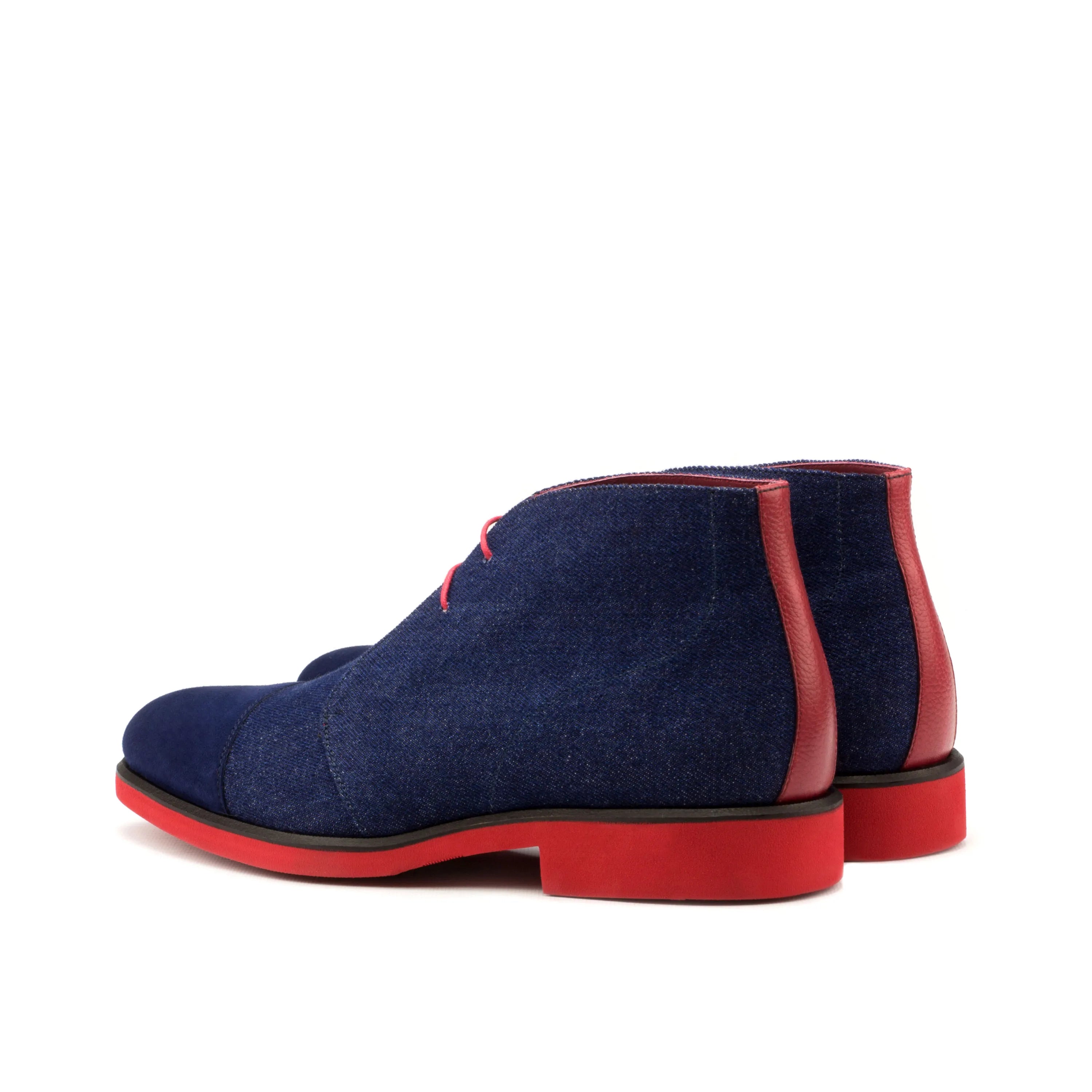 Narek chukkas: blue suede chukka boots with red soles