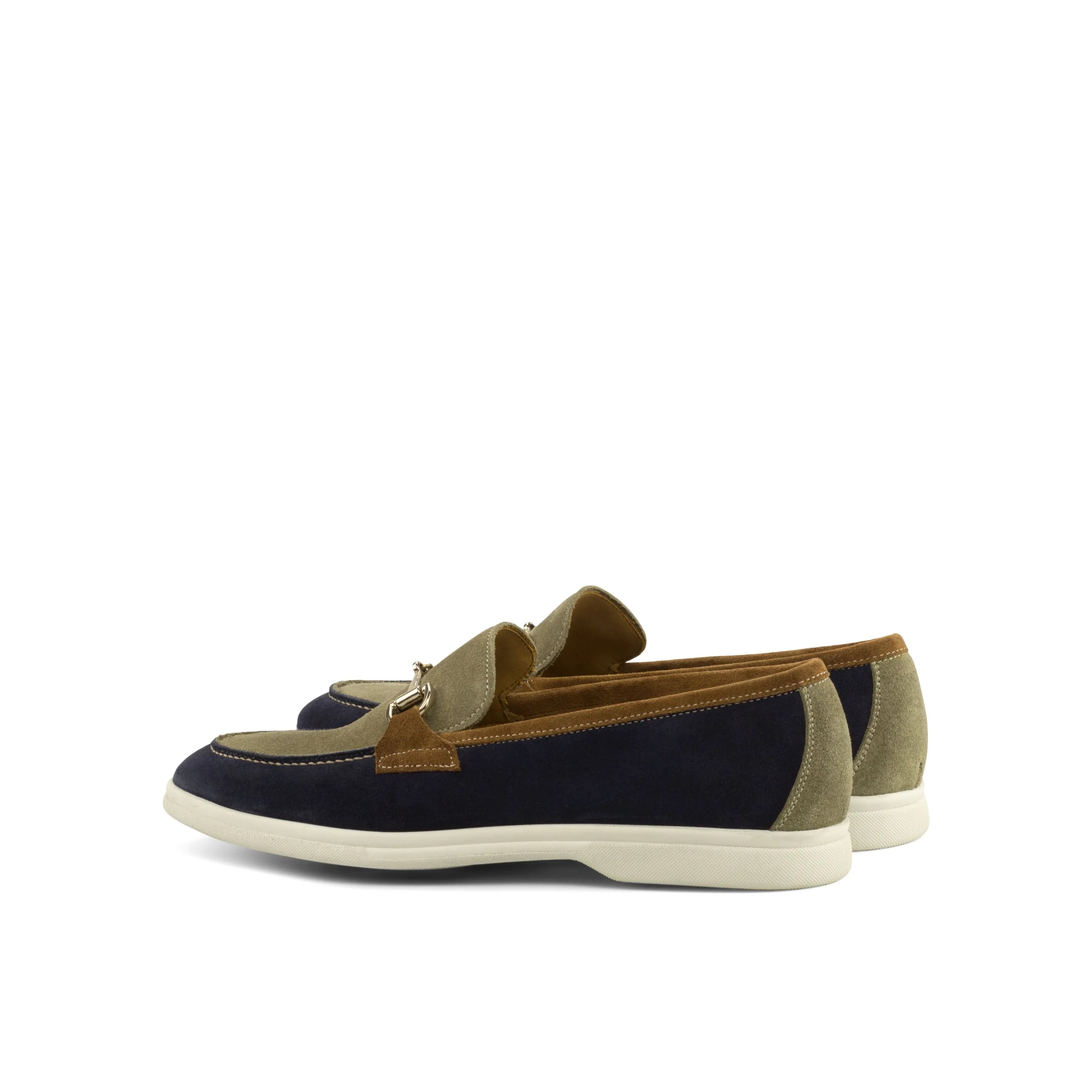 Two-tone unlined suede leather Nikki Moc Flex shoes back view