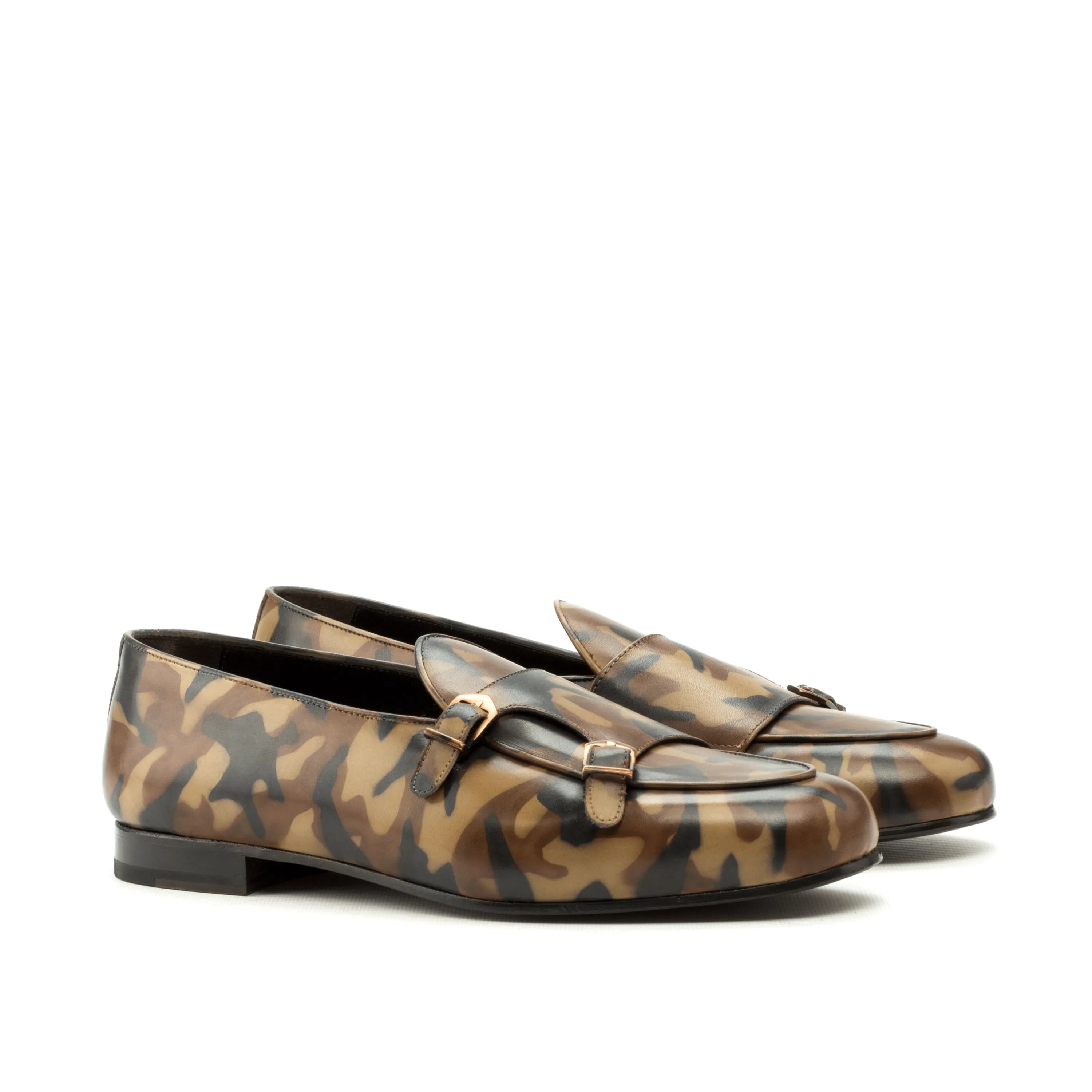 Pelagios Belgian Patina Monk Slipper with camouflage leather monk strap