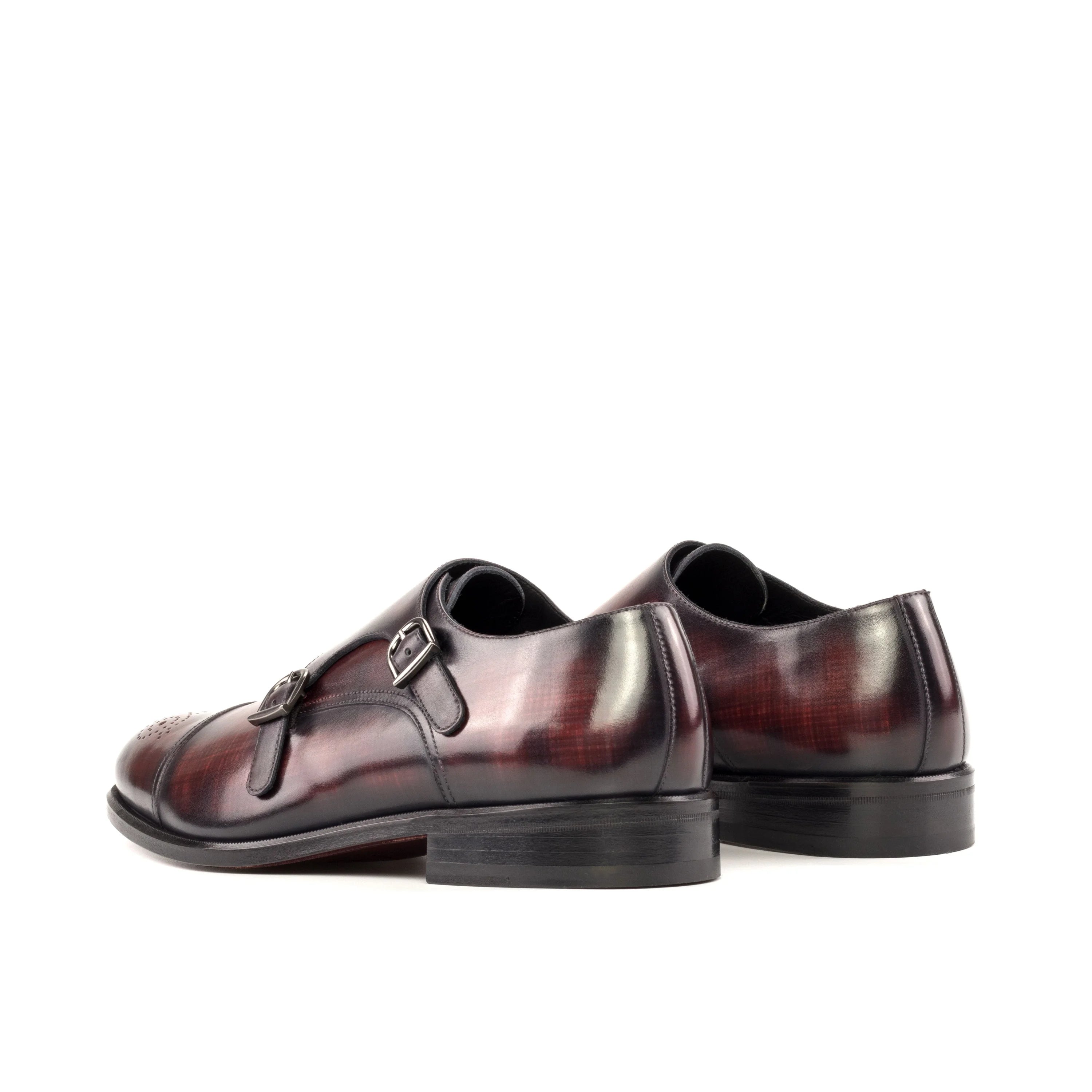 Pizaz double monk patina shoe with polished dark brown leather and black rubber sole