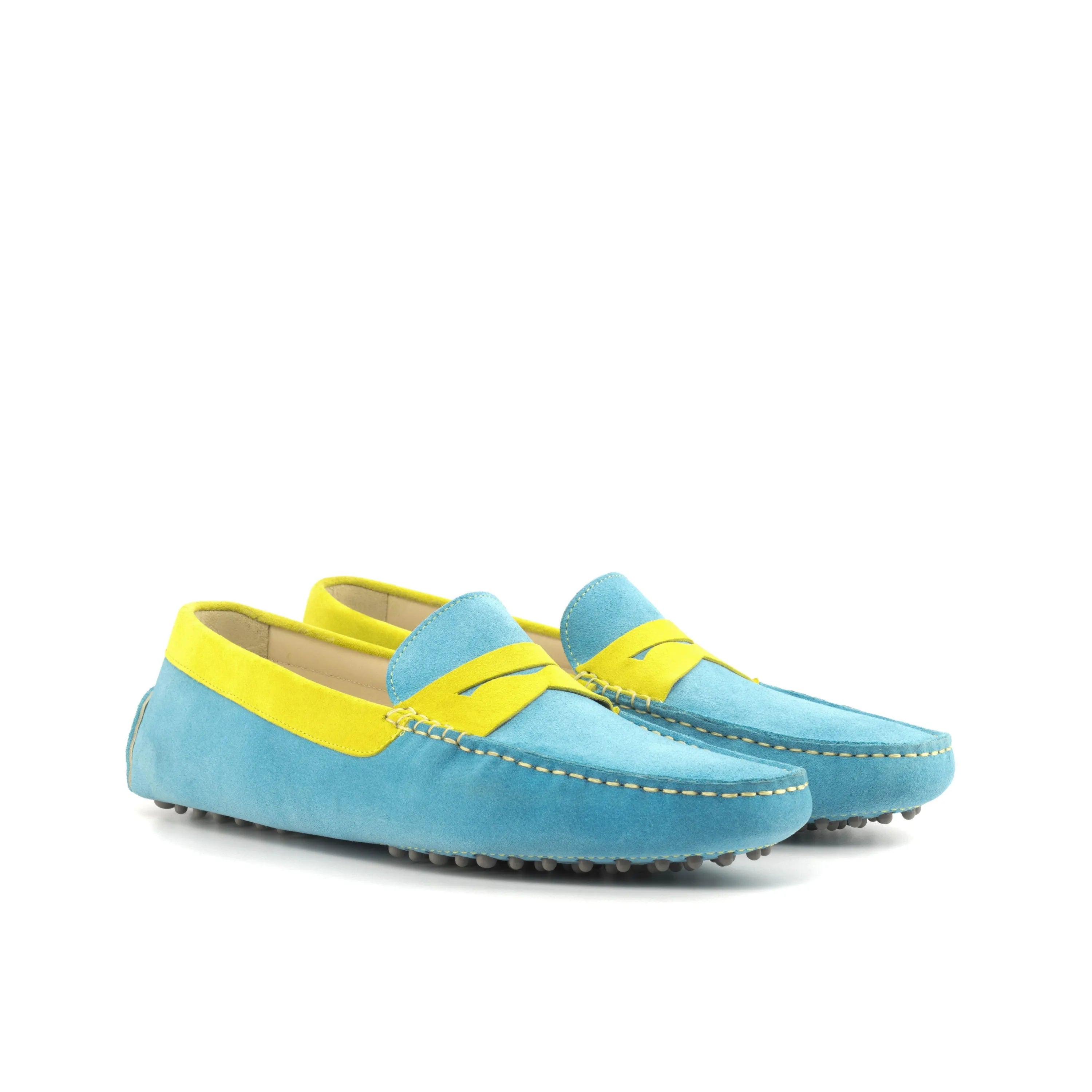 Polaris Driver blue and yellow leather loafers, luxury hand-painted patina shoes