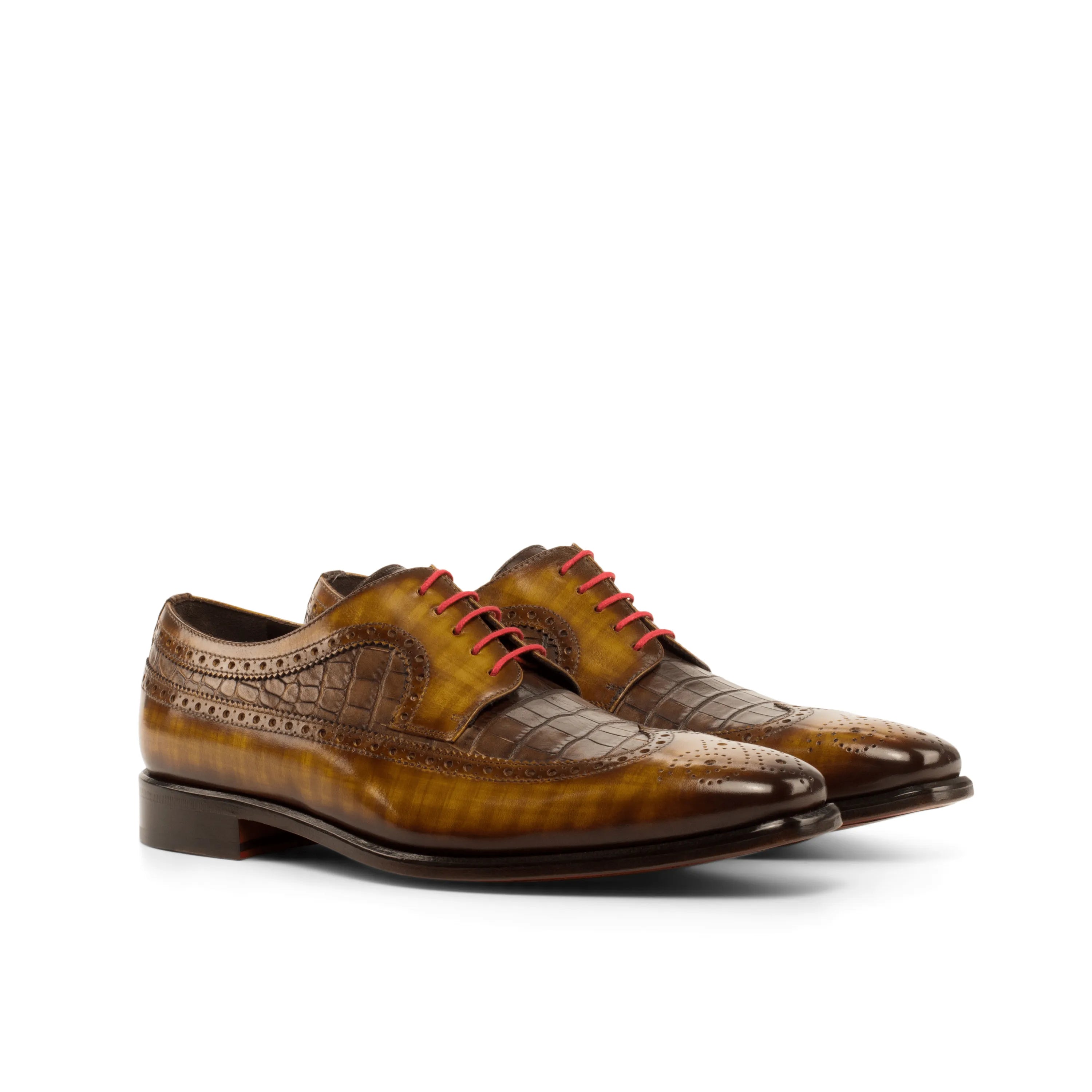 Power2 longwing patina blucher: brown leather dress shoes with red laces