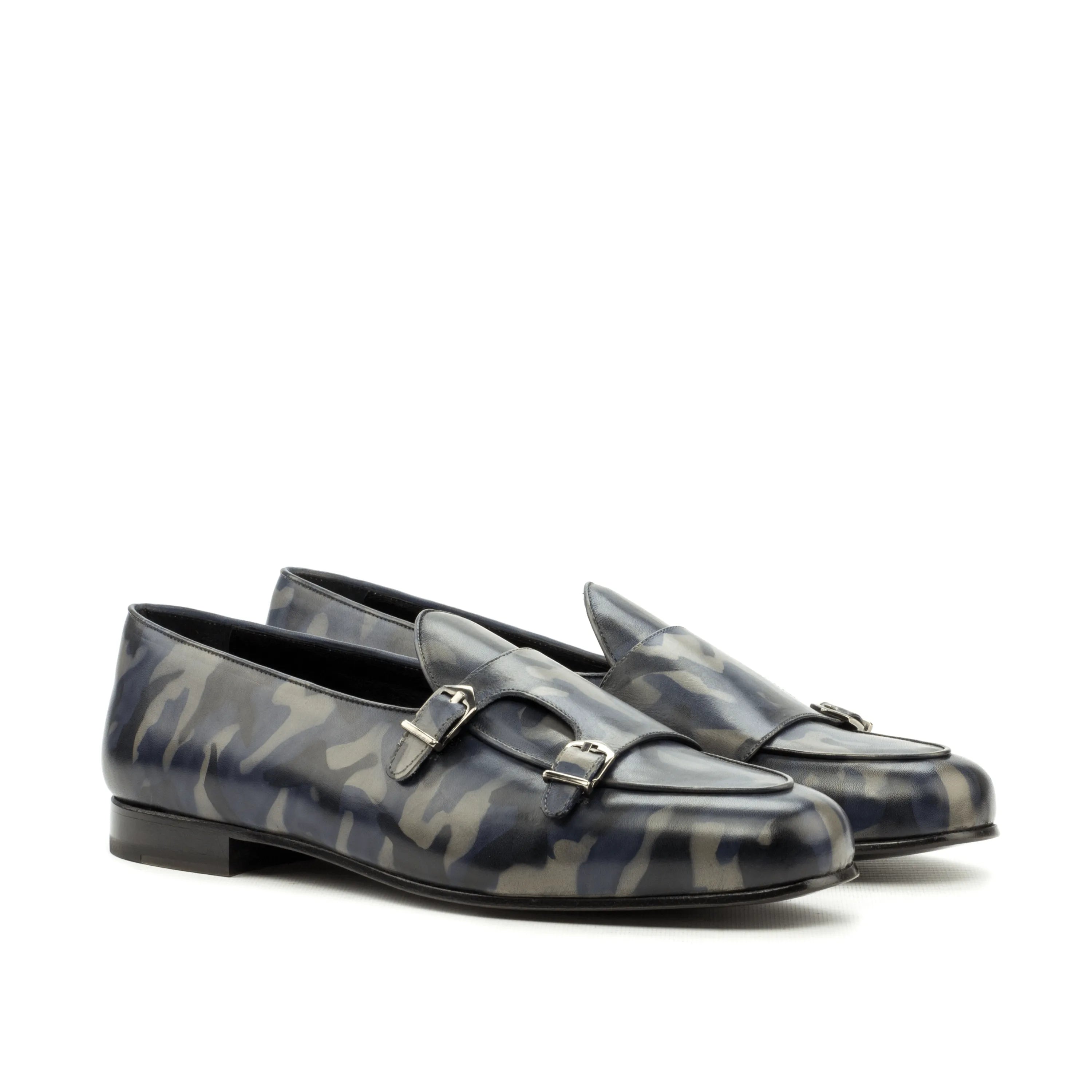Pyyros Patina Belgian monk slipper with camouflage double monk strap back view