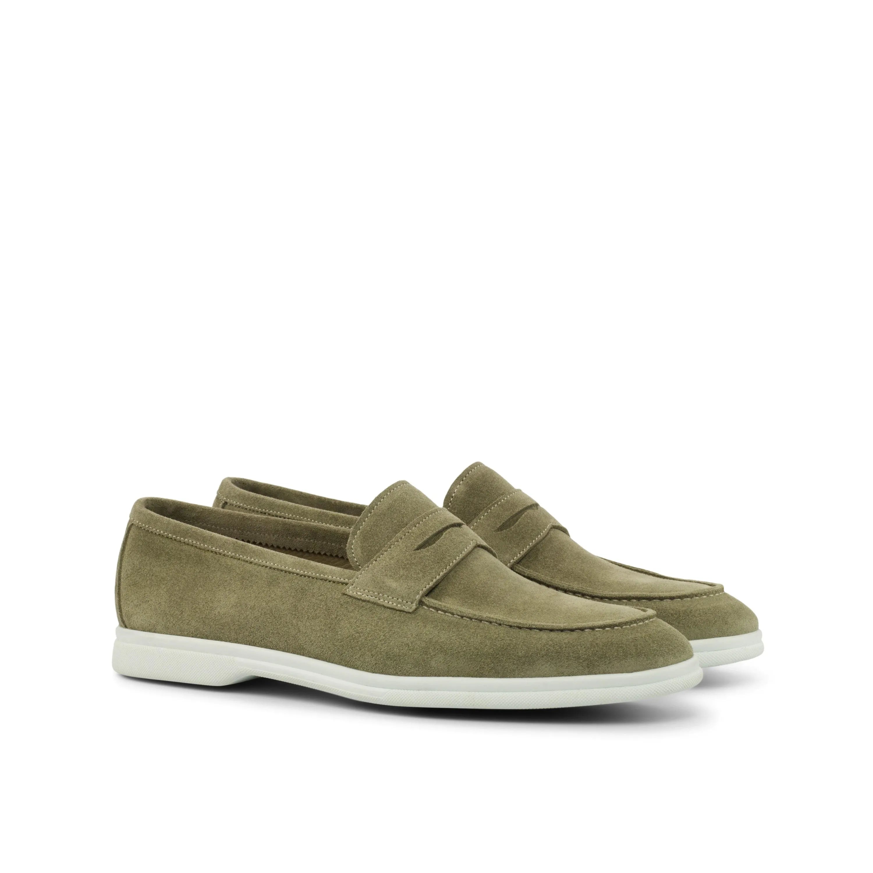 Olive suede penny loafers on Q3 Moc Flex Shoes with rubber sole