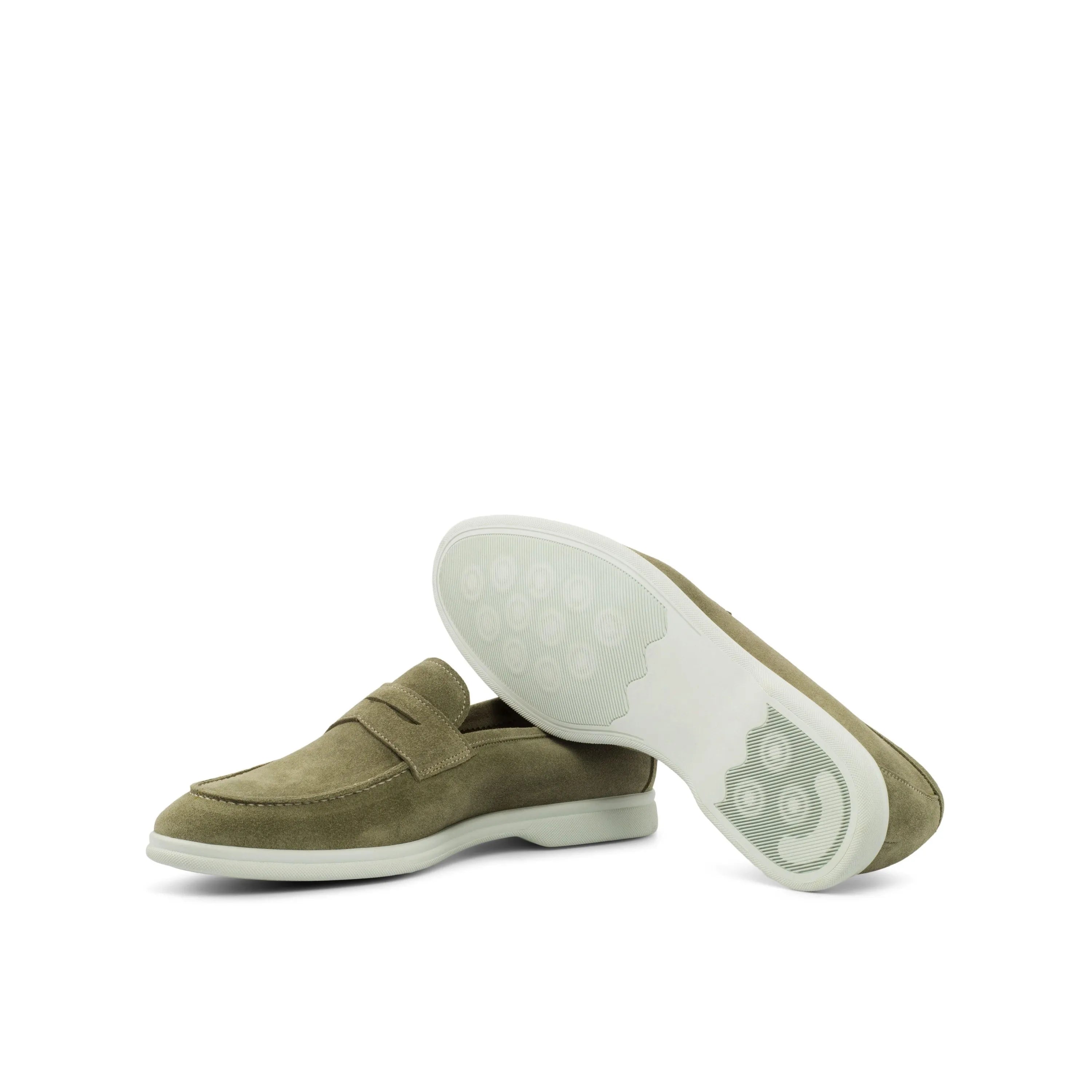 Olive suede penny loafers on Q3 Moc Flex Shoes with rubber sole