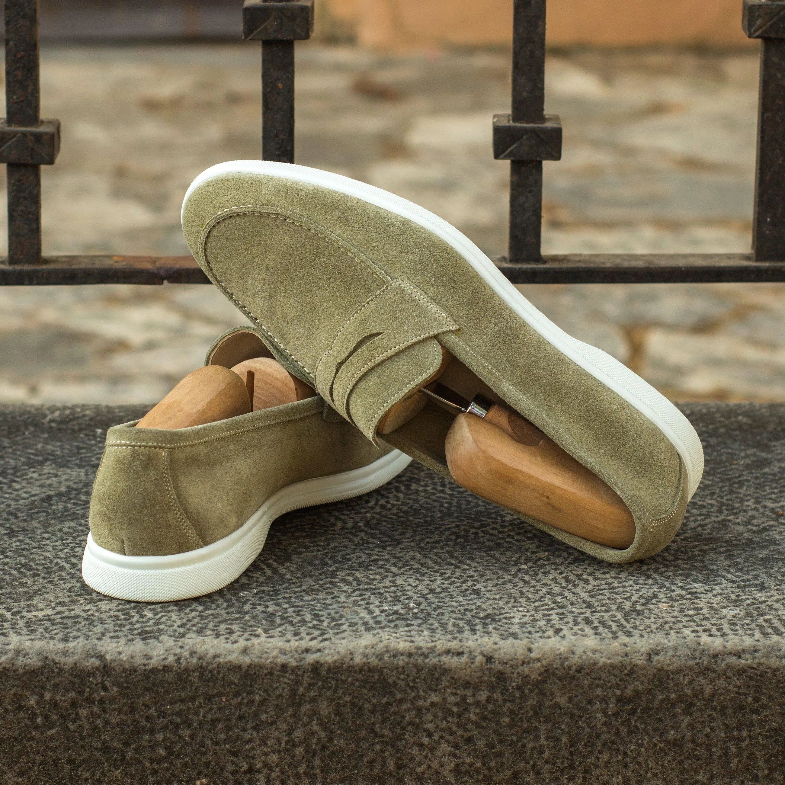 Olive suede penny loafers in Q3 Moc Flex Shoes with rubber sole