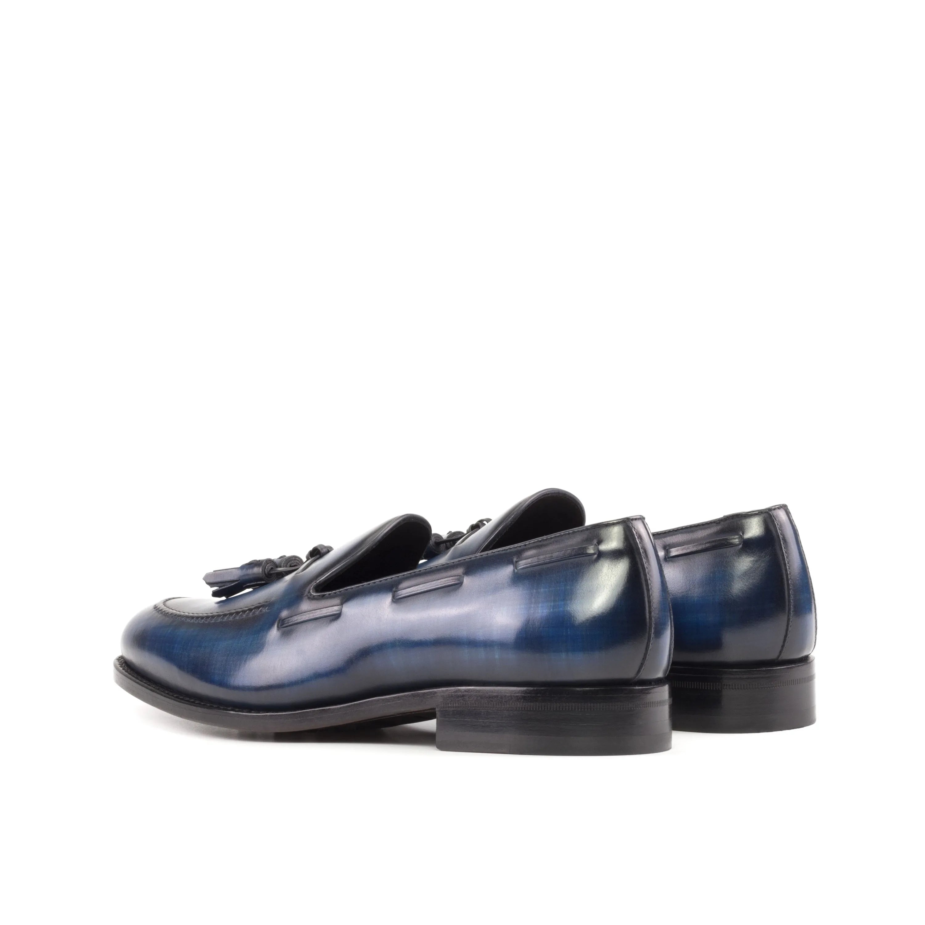 Blue leather tassel Qal Patina loafers back view