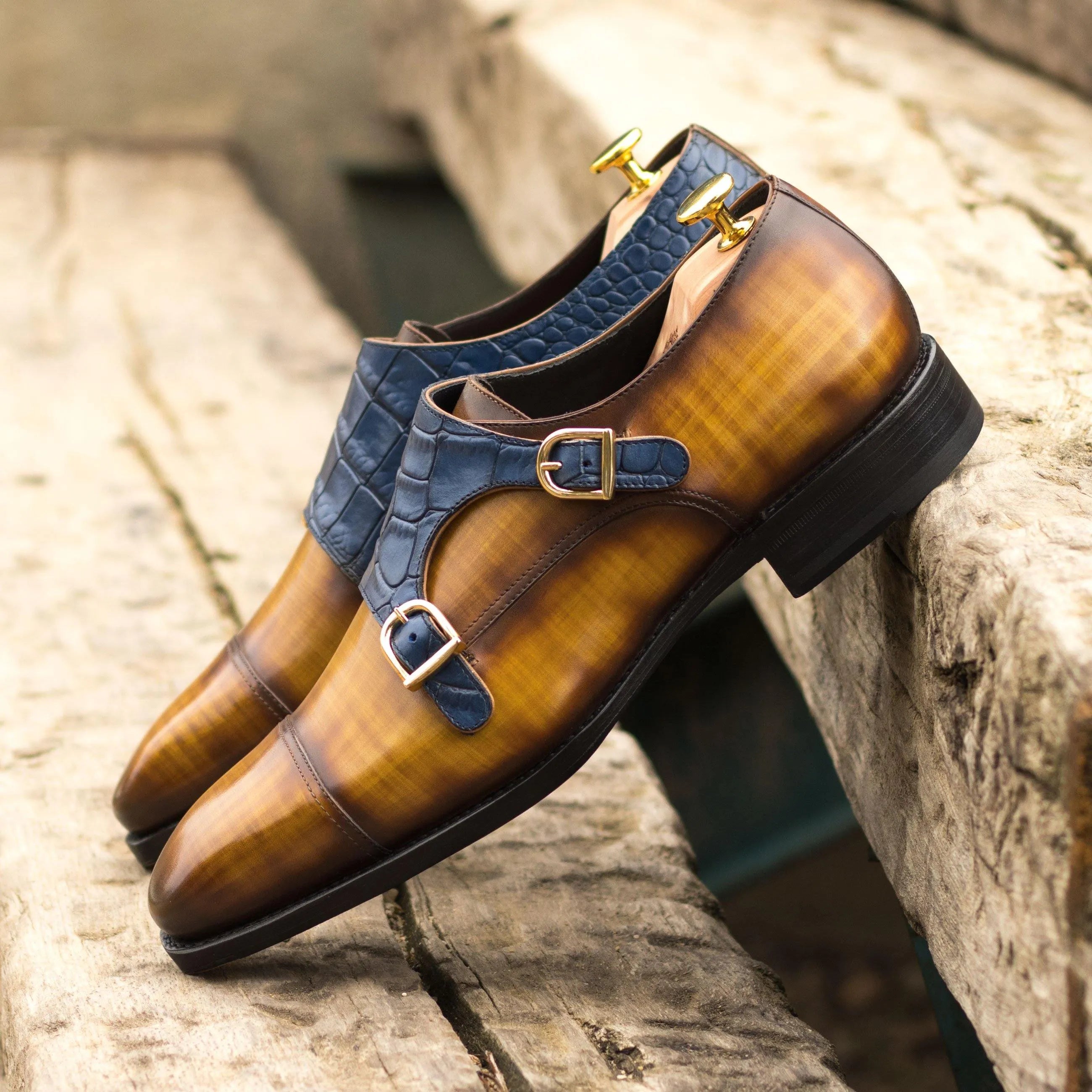Quin Double Monk Patina brown and blue leather shoes