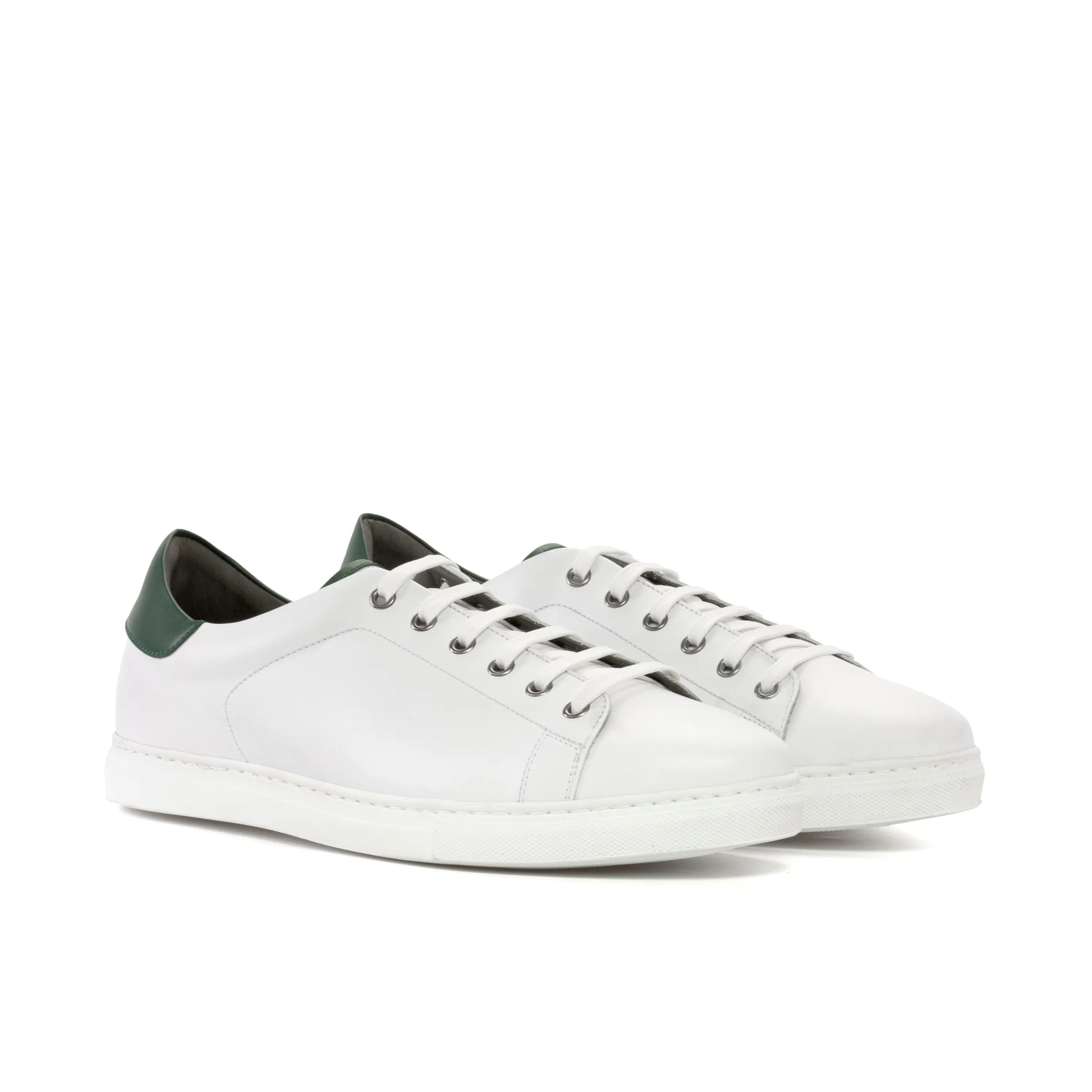 Back view of Ramirez Vegan Trainer in white vegan Italian Nappa with green heel
