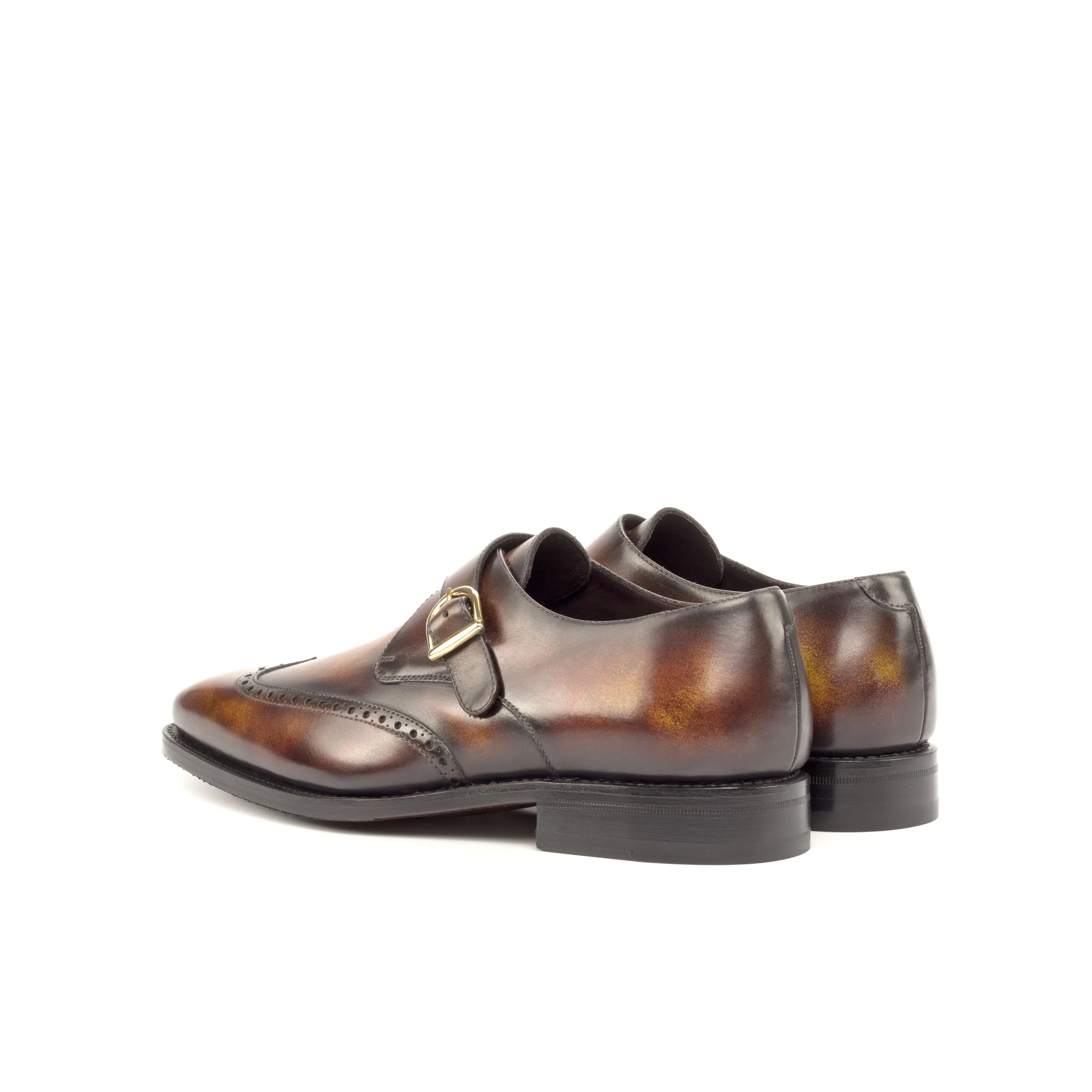 Rinos single monk patina shoes in brown leather back view