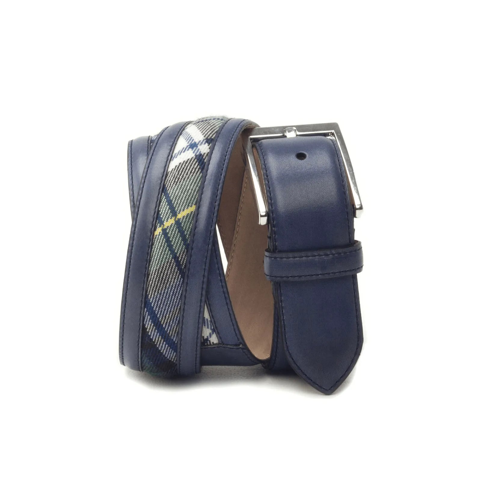Romeo Venice belt with blue leather and plaid design