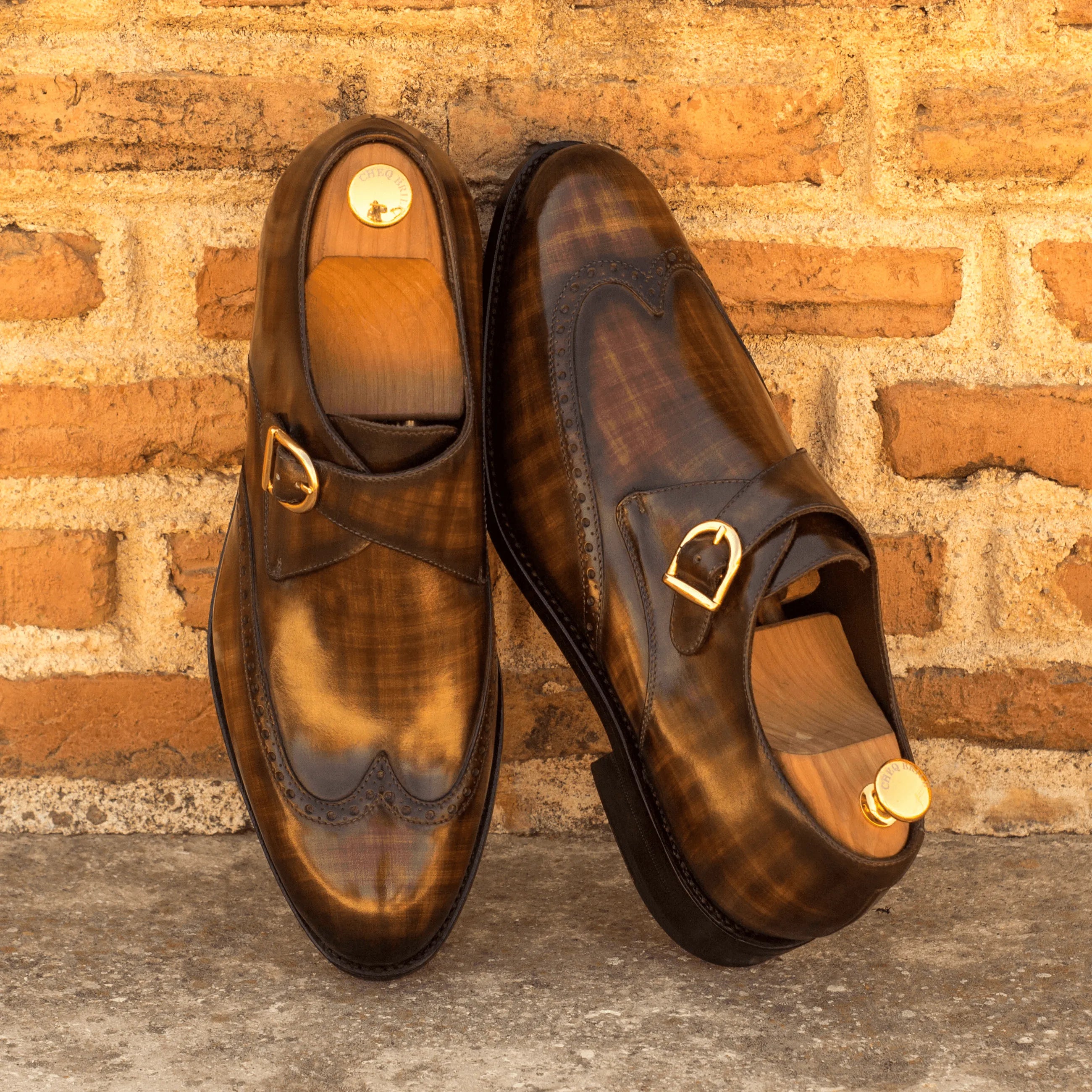 Rufus Patina Single Monk II brown leather pair with rounded toe