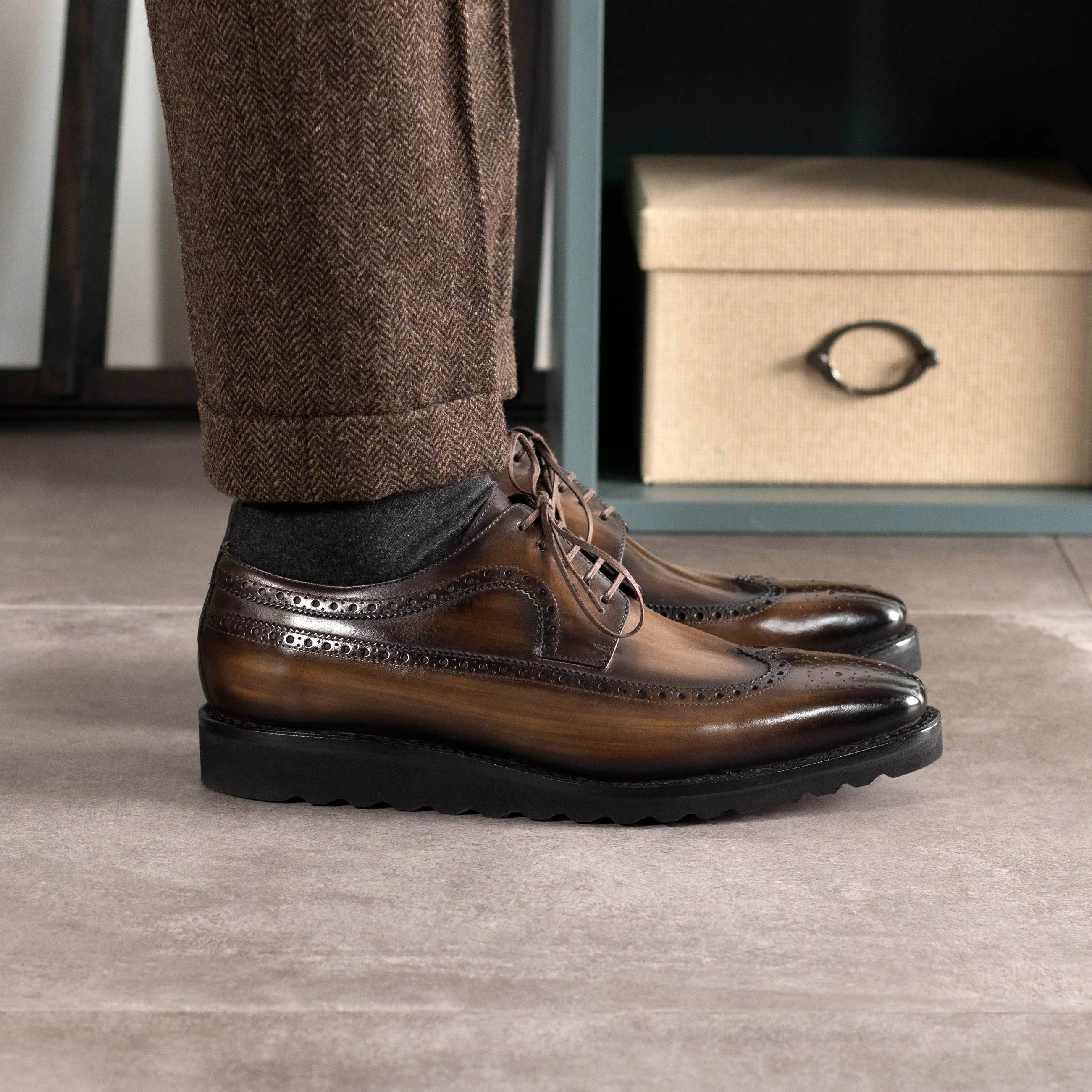 Saif Patina Longwing Blucher brown leather wingtip dress shoes