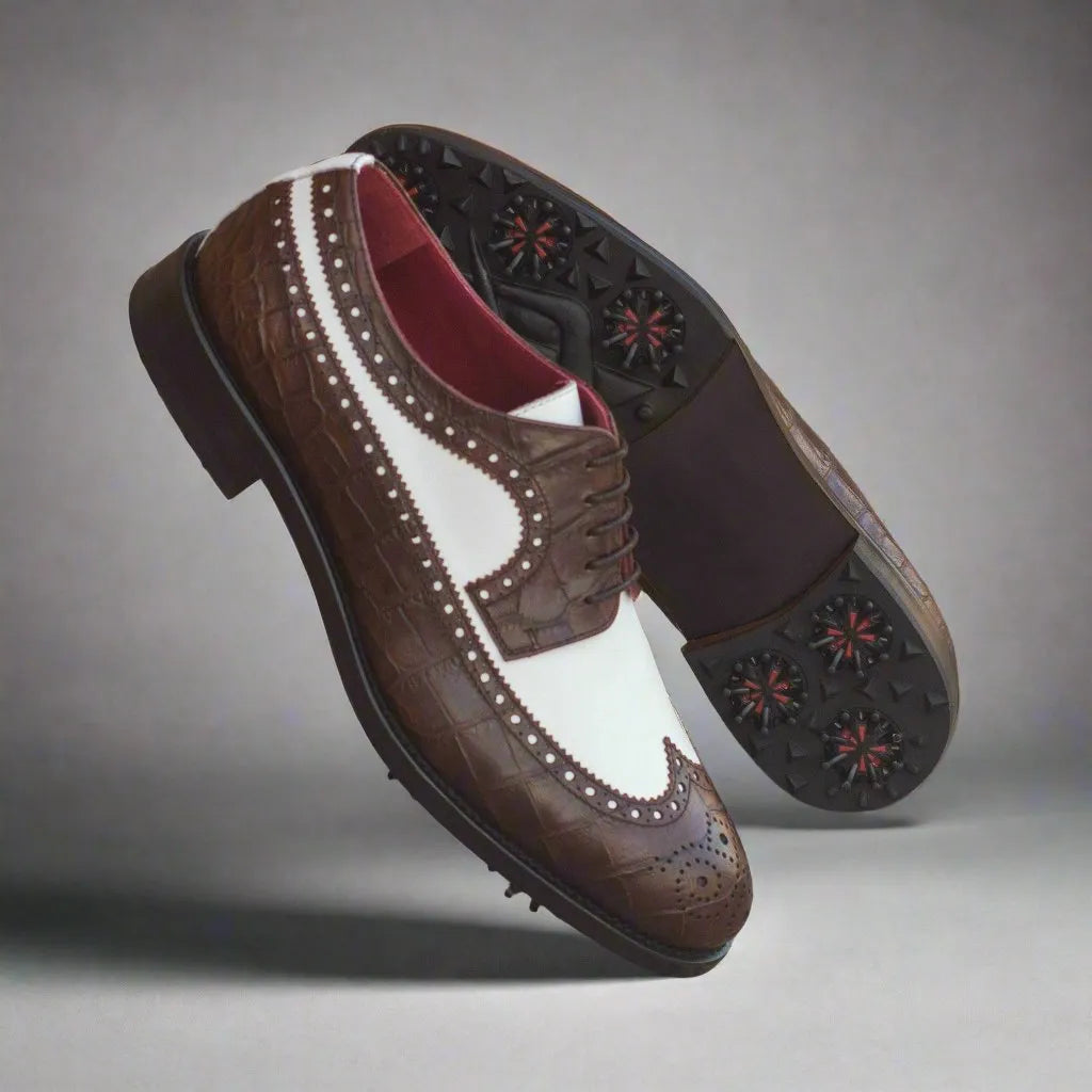 Saint Longwing Blucher golf shoes in brown and white