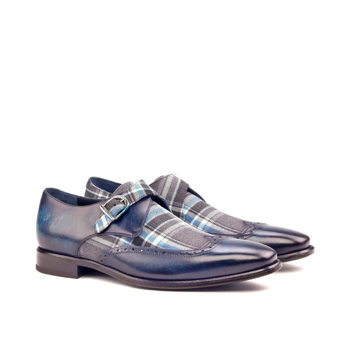 Salute single monk patina blue leather plaid monk strap shoes