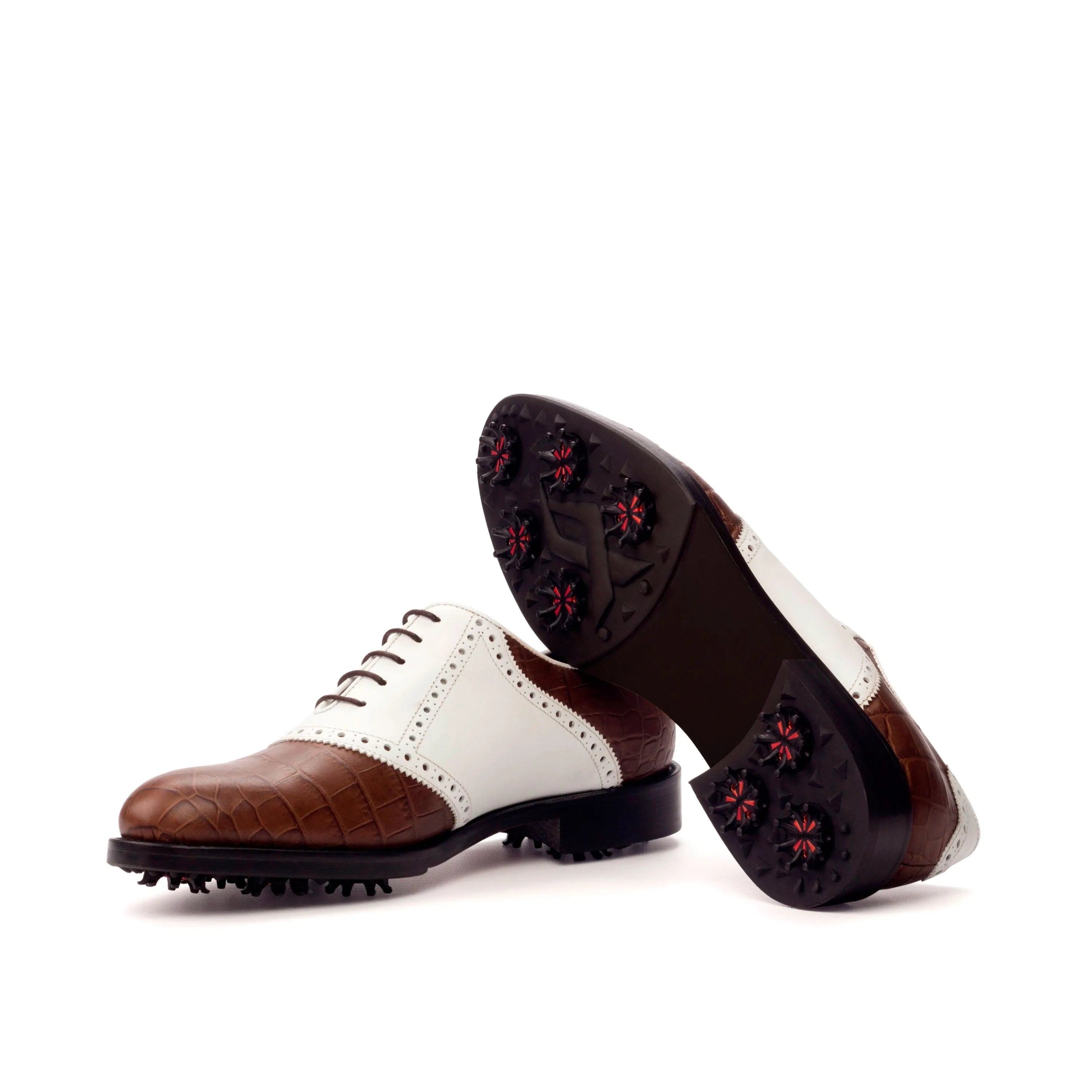 Brown and white Salvador golf shoes with spikes