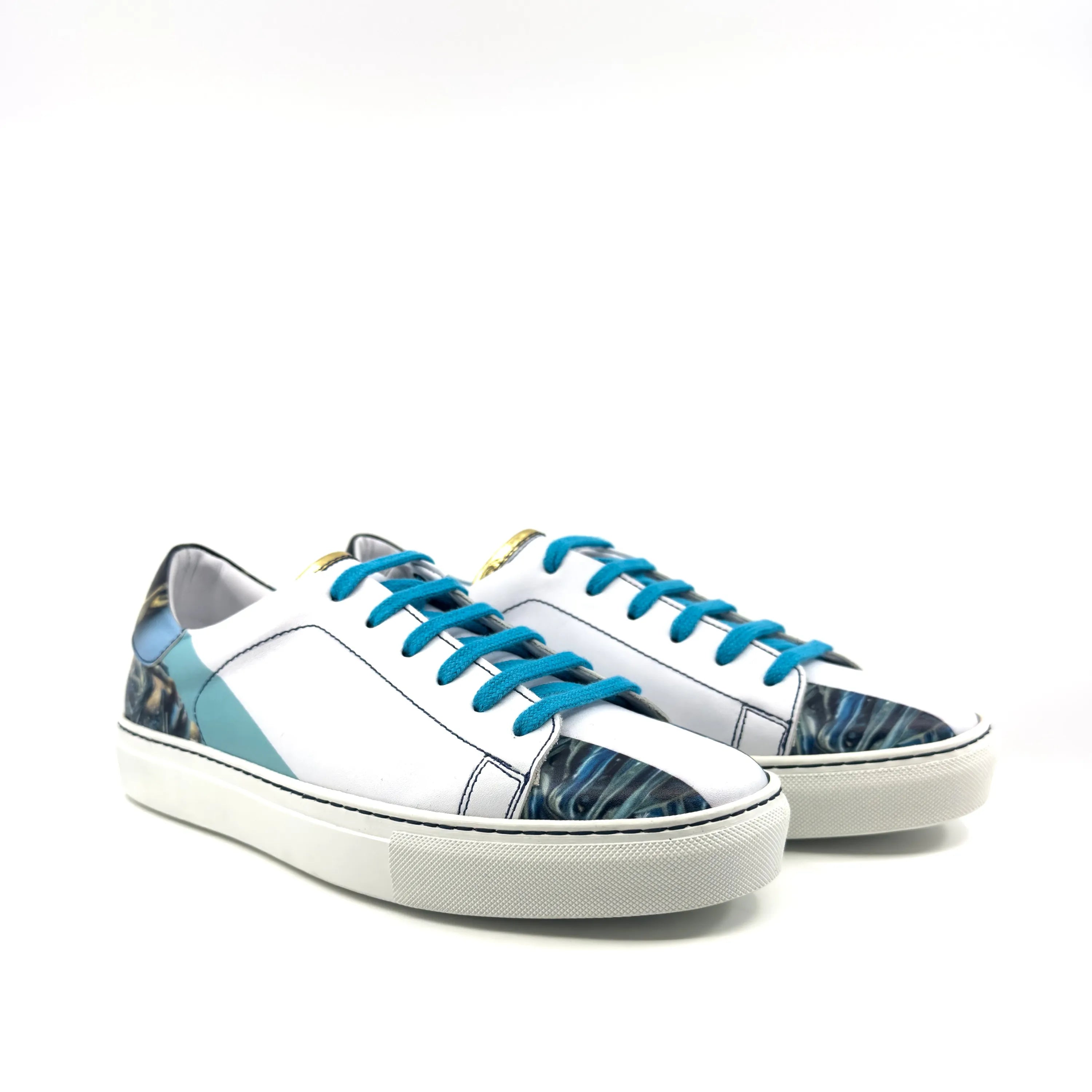 White Sentinal Trainer Sneaker II with blue accents on leather