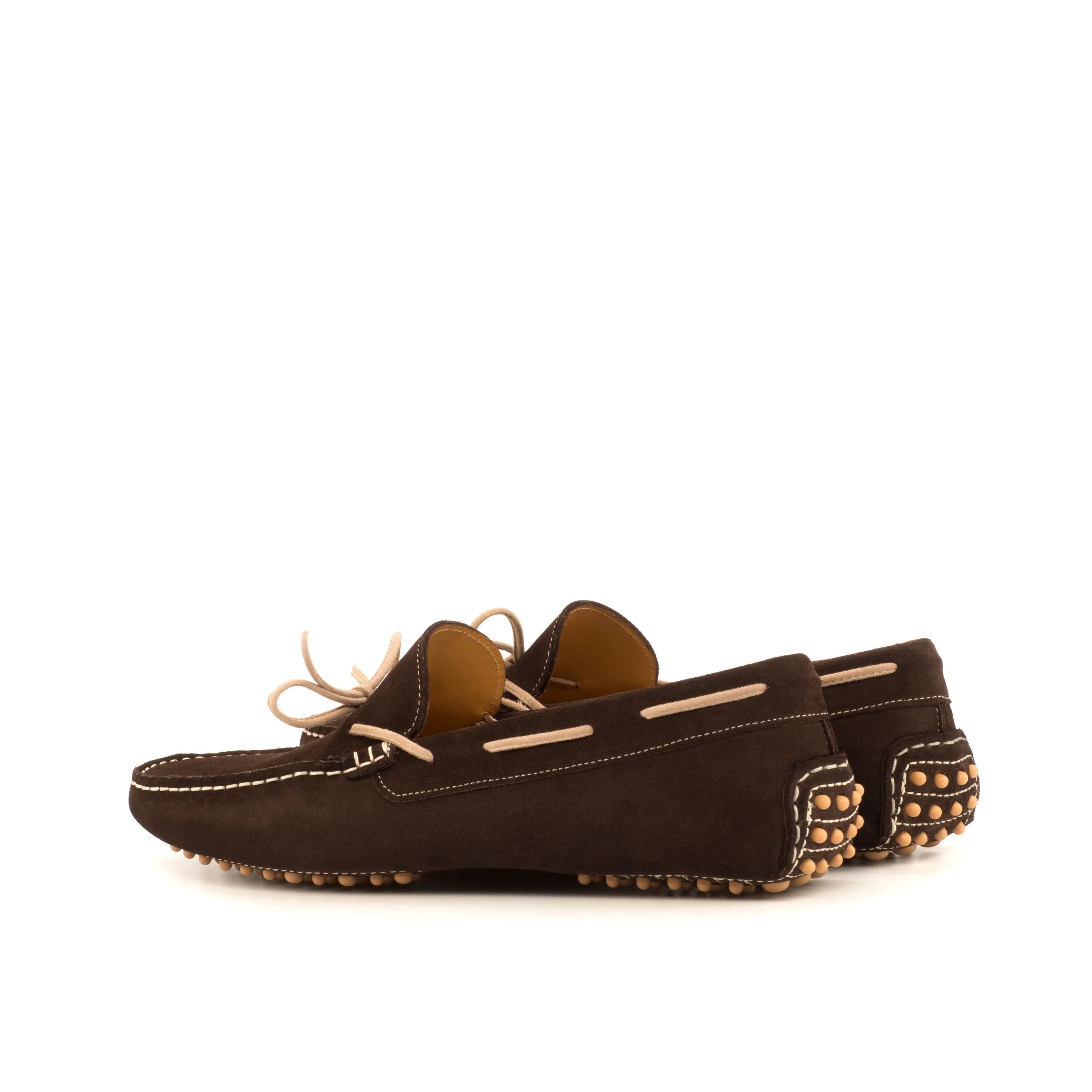 Silver Harbor Driver brown leather loafers with white stitching, gold studs, men casual shoes