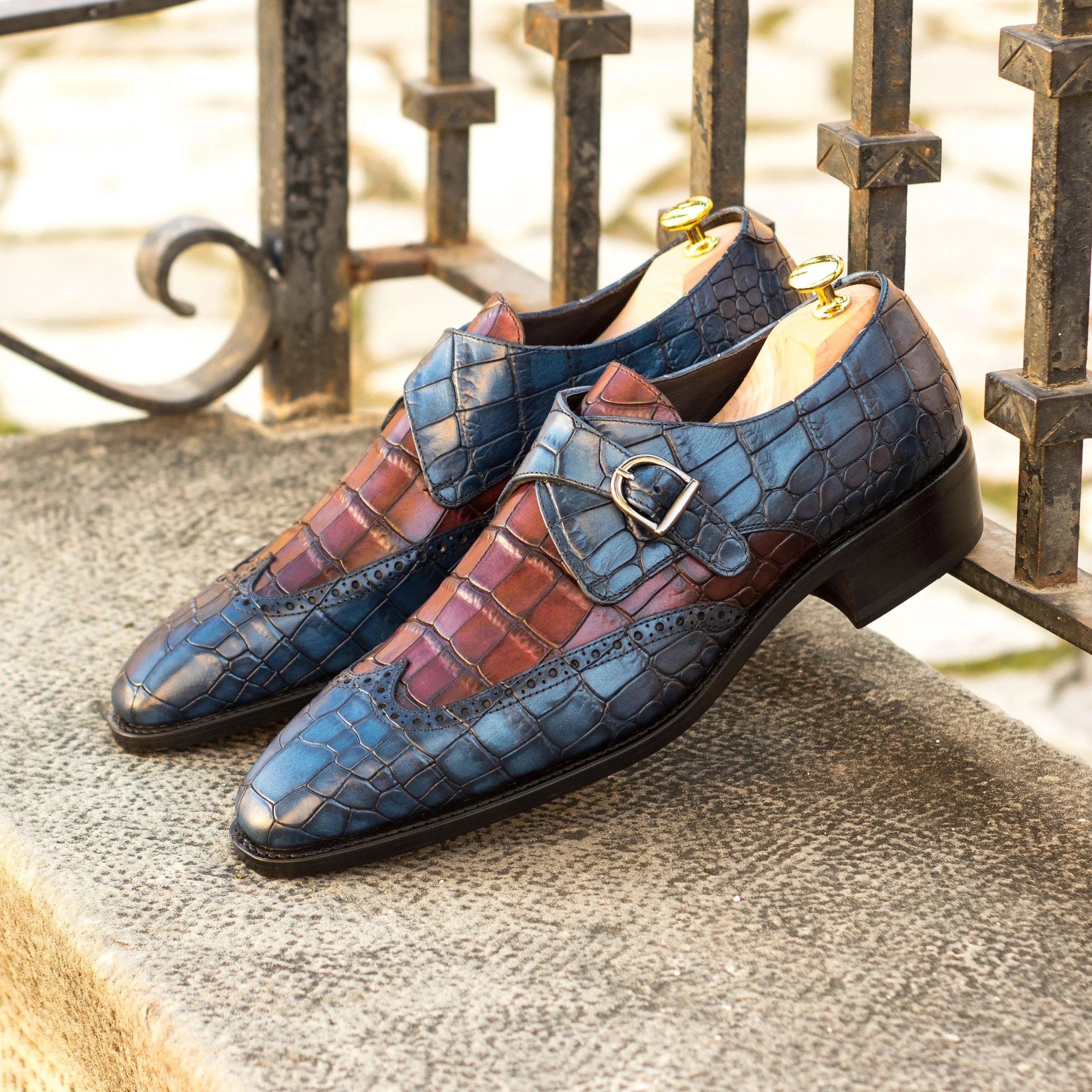 Sona single monk croco two-toned crocodile leather monk strap shoes