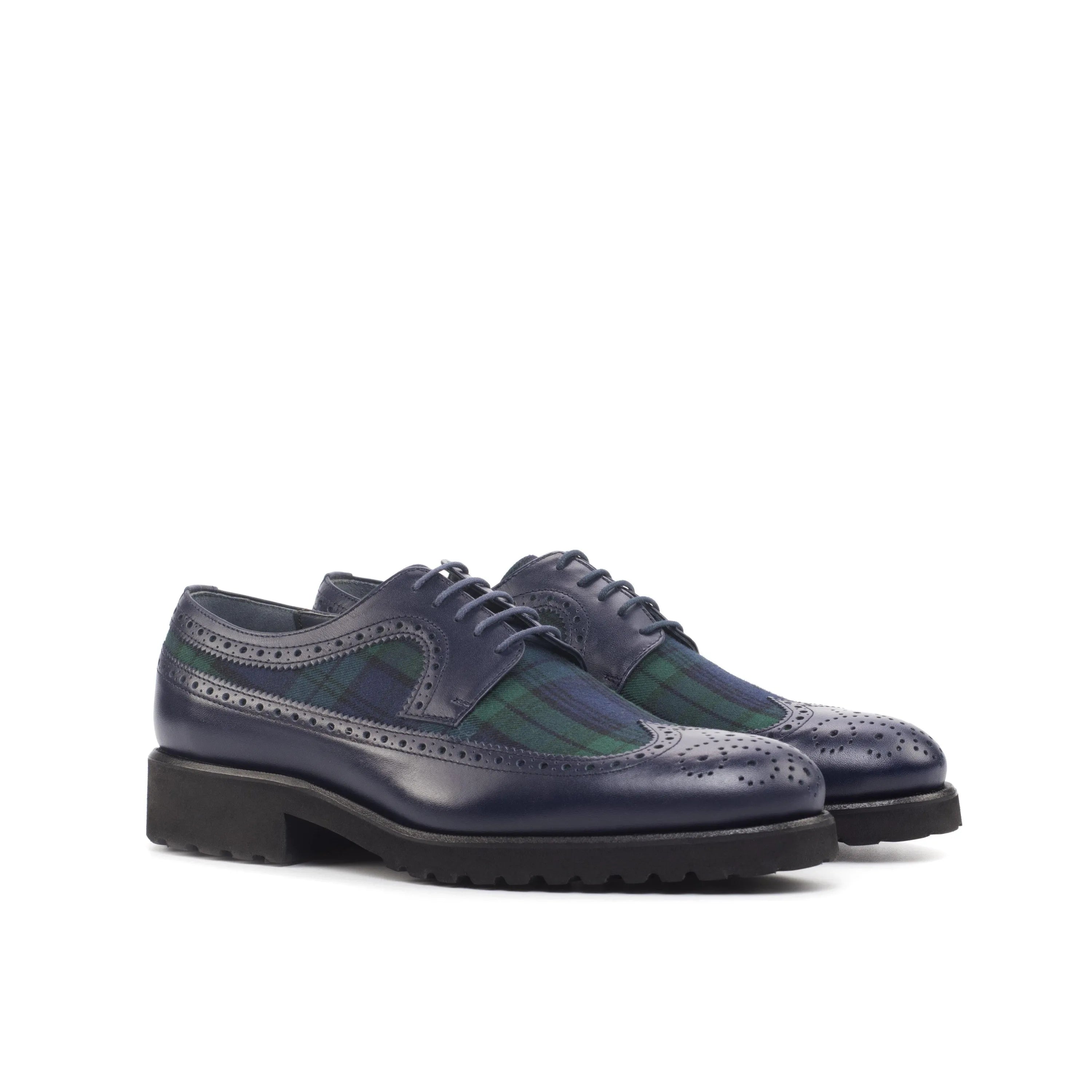 Ss14 longwing blucher with blue leather and plaid wingtip shoes