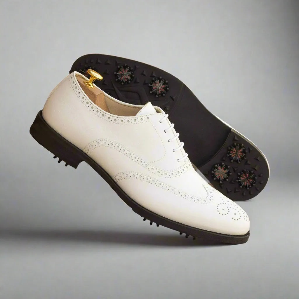 White leather Stan Full Brogue golf shoes back view