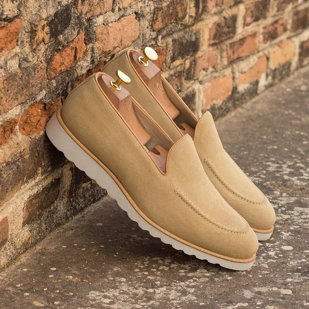 Tan Sundays loafers II in tan suede with shoe trees, rounded toe luxury bespoke shoes for men