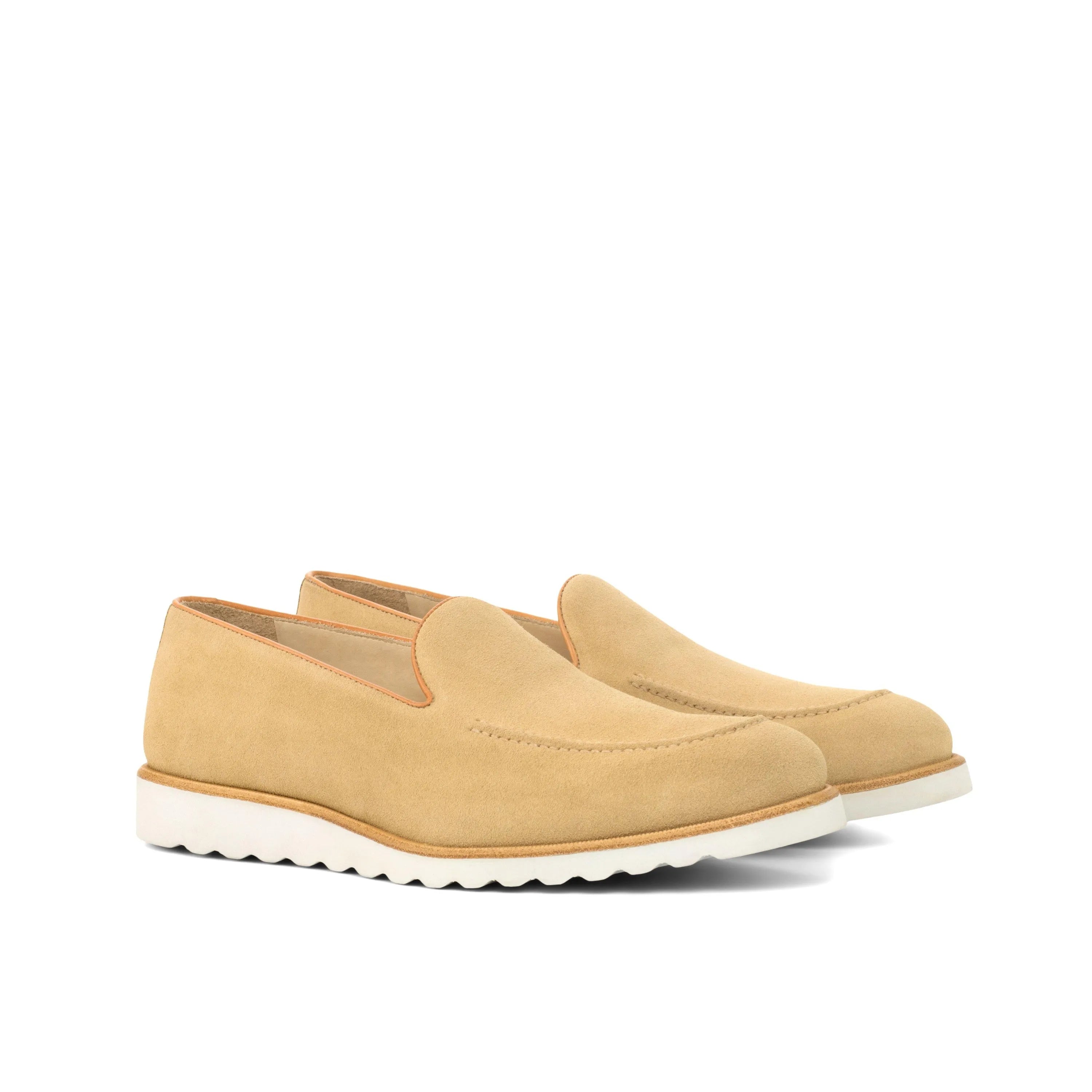 Tan Sundays loafers in tan suede with white soles, luxury bespoke shoes for men