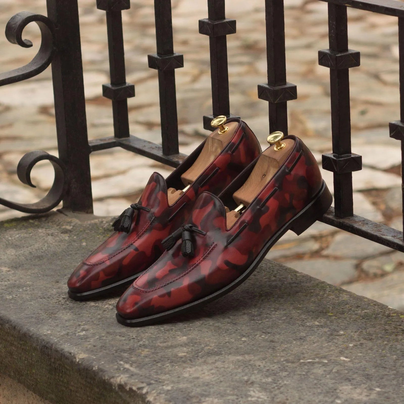 Timo camo patina loafers with red and black patterned tassels