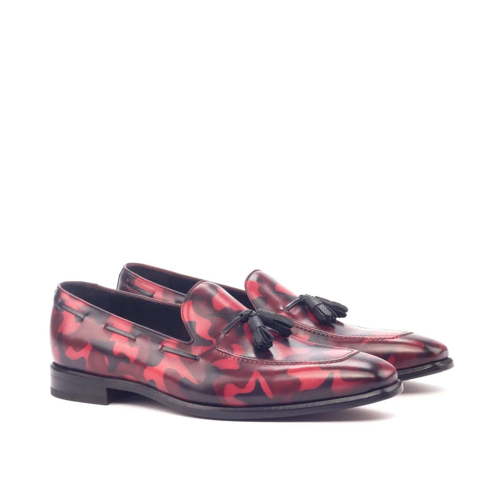 Timo camo patina loafers in red camouflage tassel design