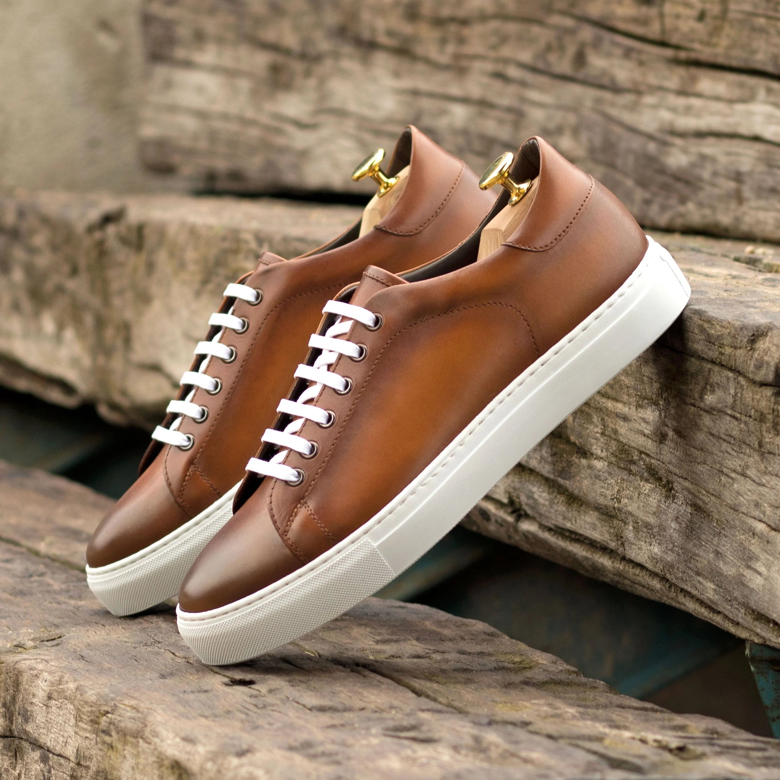 Treasure Trainer Sneaker II brown calf leather cupsole trainer with gold accents