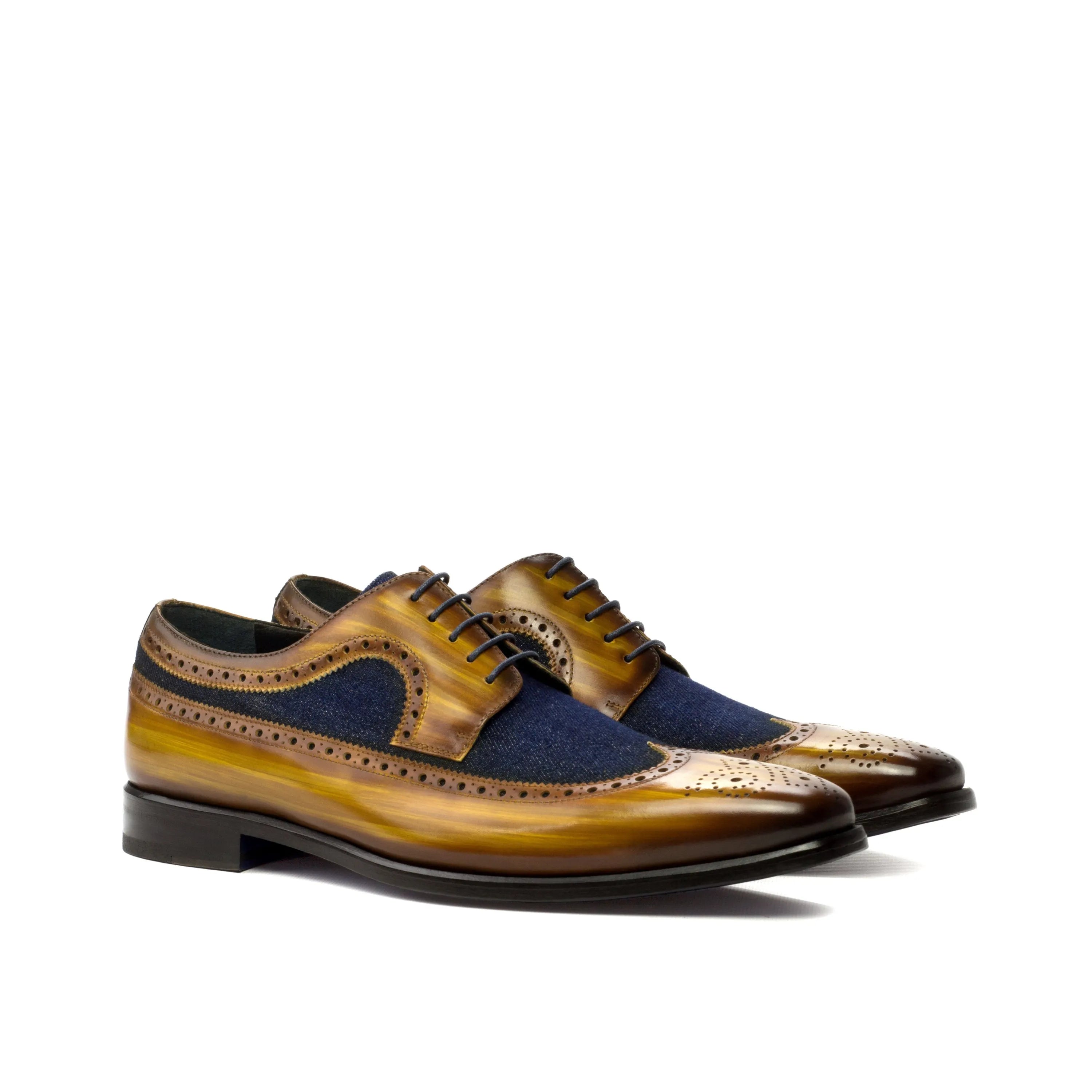 Trevor longwing blucher brown and blue leather wingtip shoes