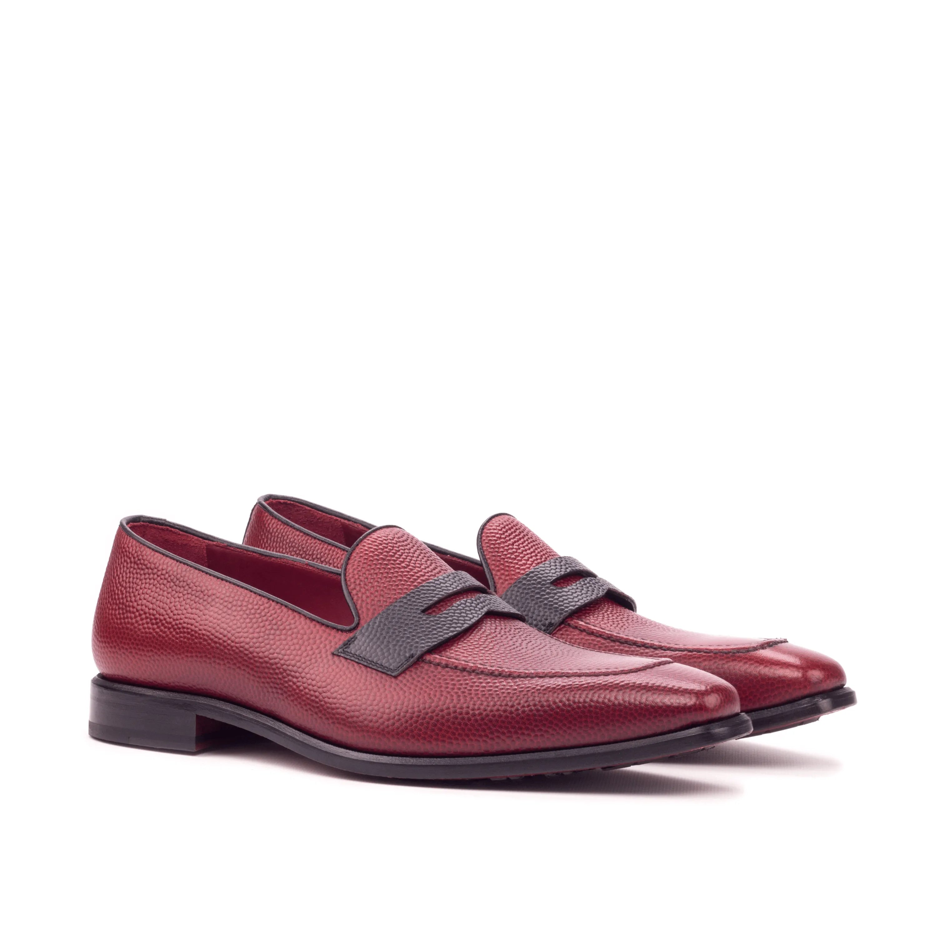 Tzu loafers: burgundy pebble grain leather penny loafers for men