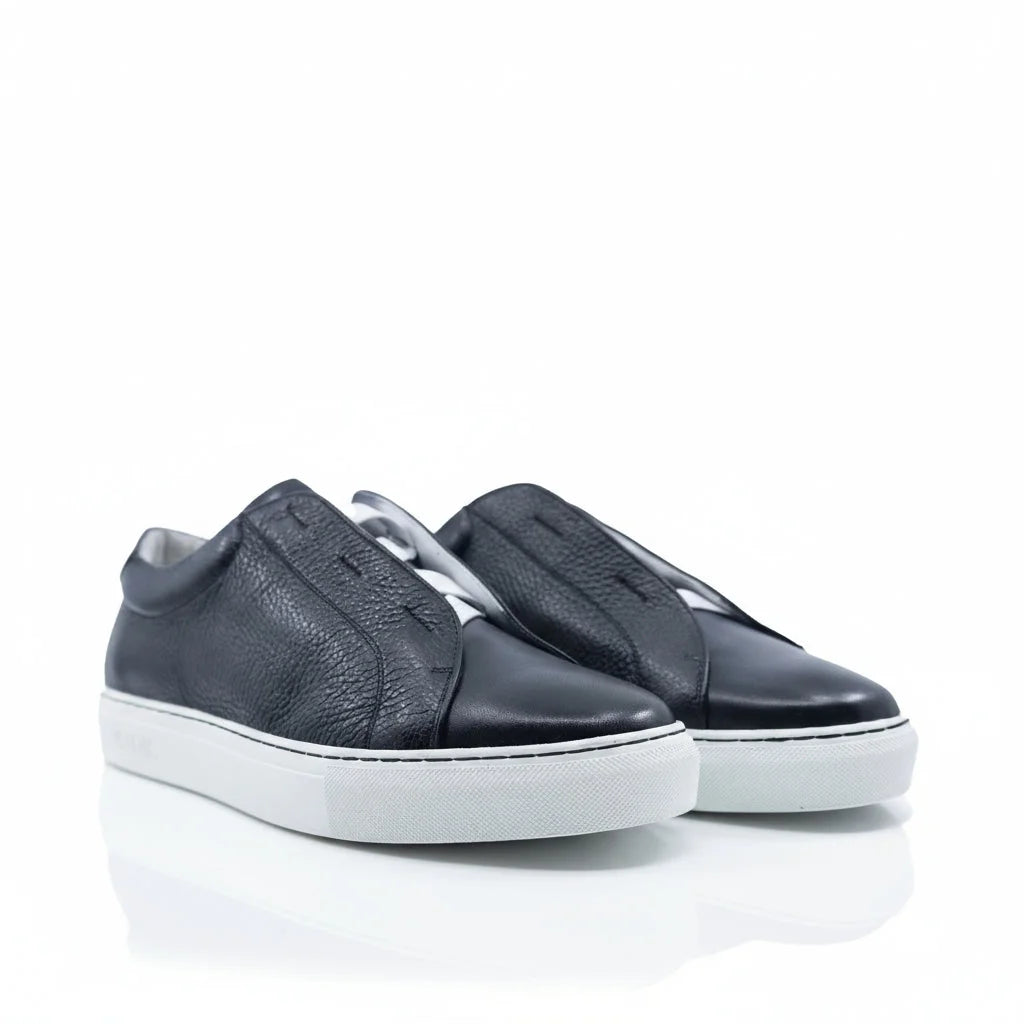 V79 Gavin laceless sneaker in black Italian leather with white soles
