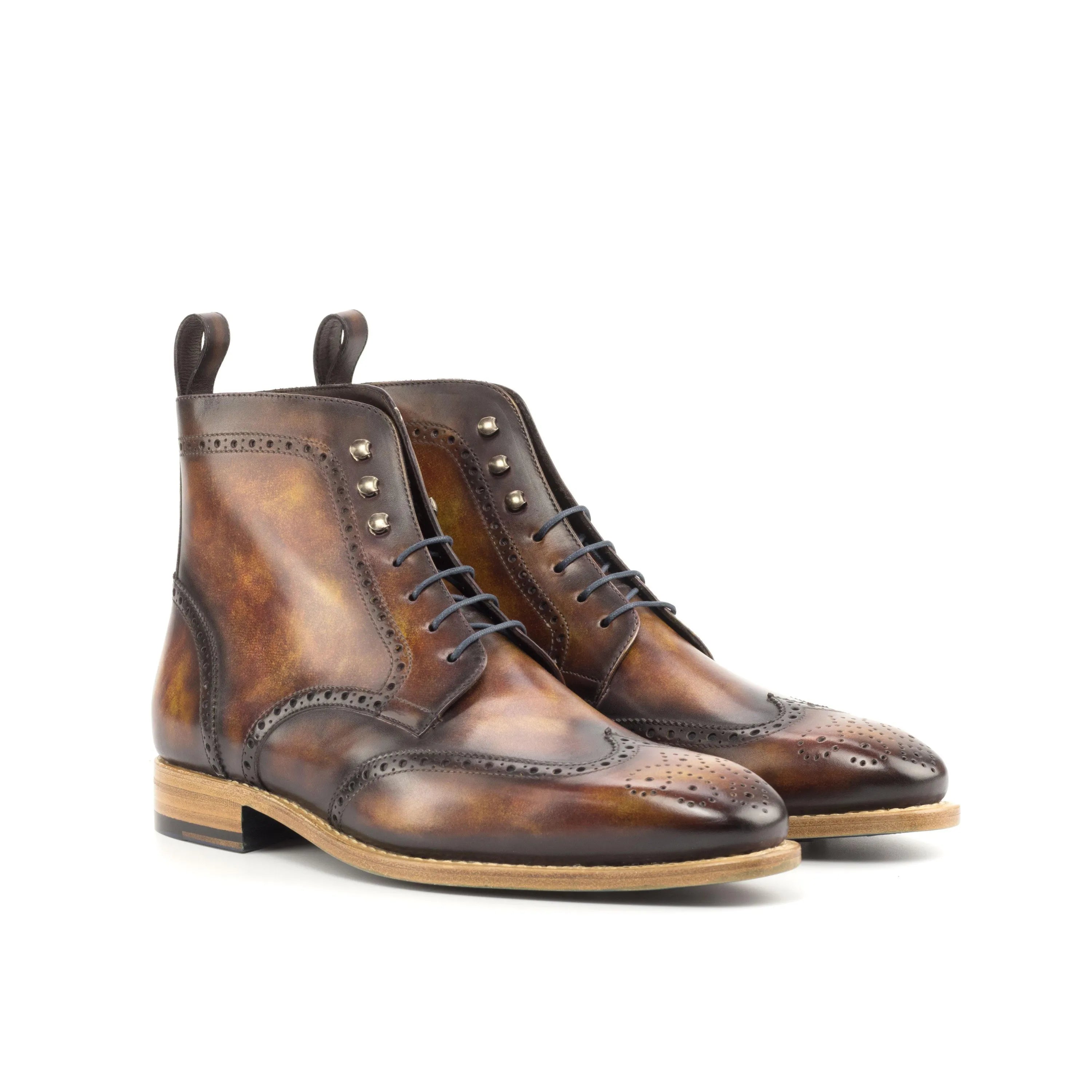 Wagner military brogue patina boots in brown leather wingtip