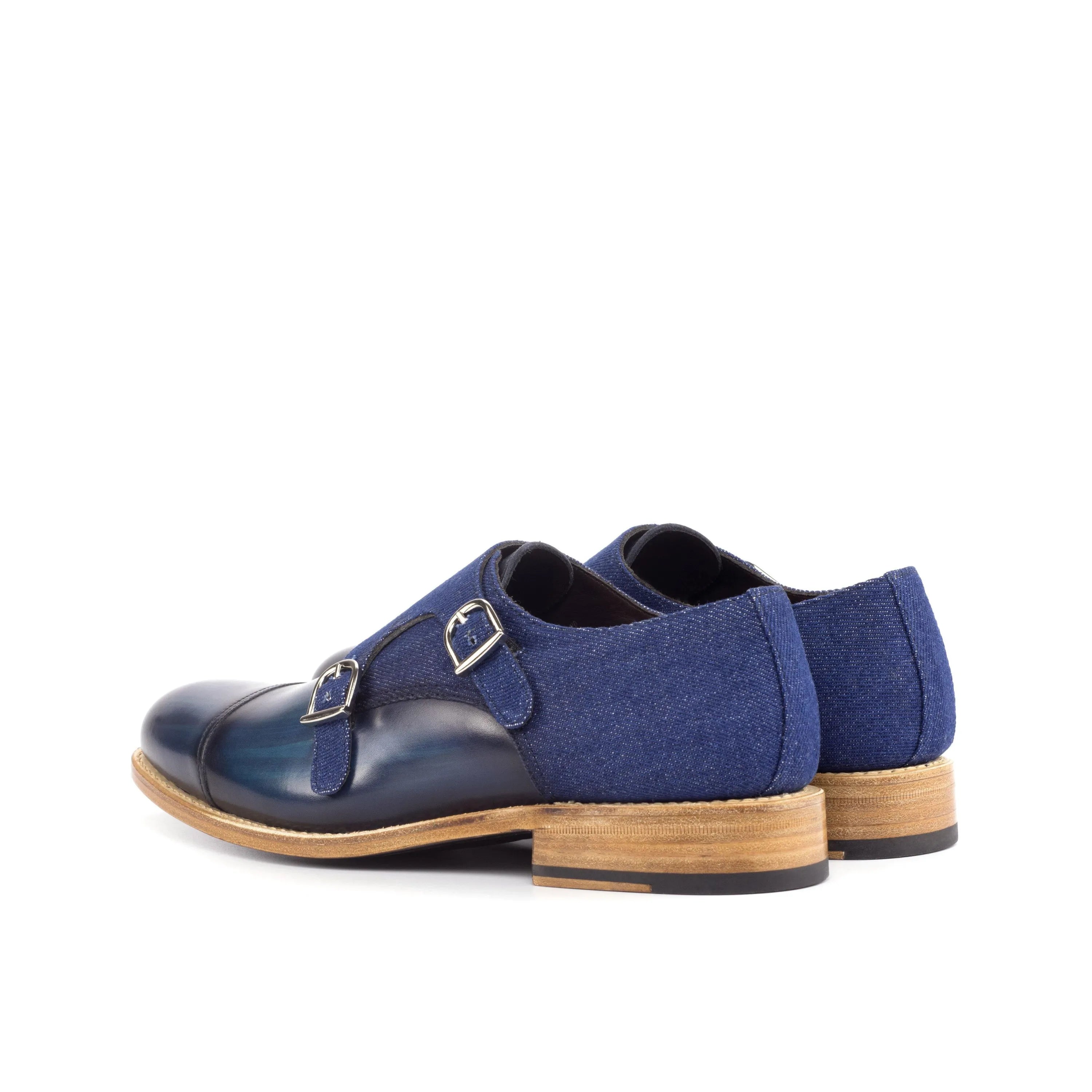 Wali double monk patina blue leather and denim monk strap shoes