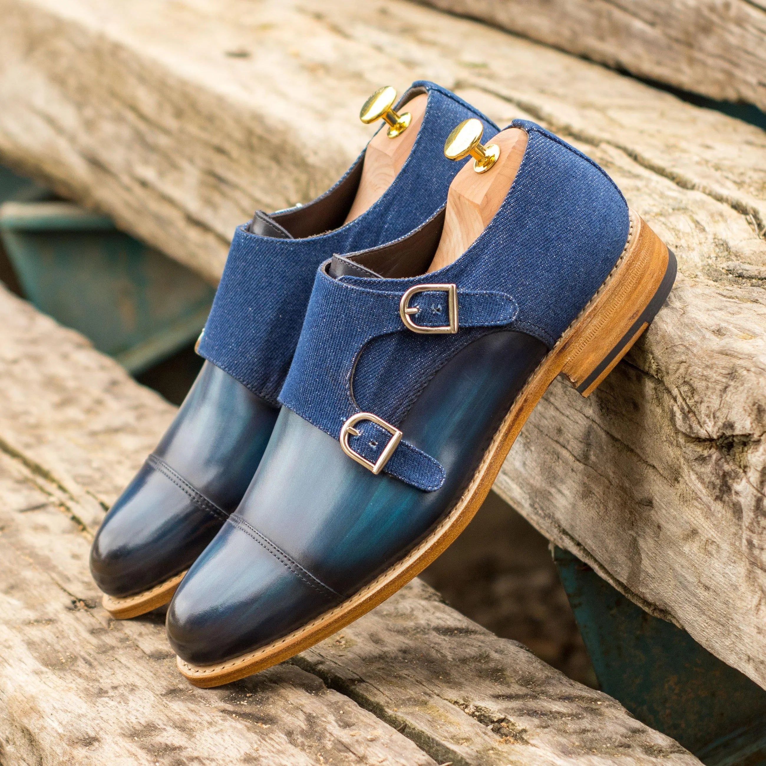 Wali double monk patina blue leather denim shoes