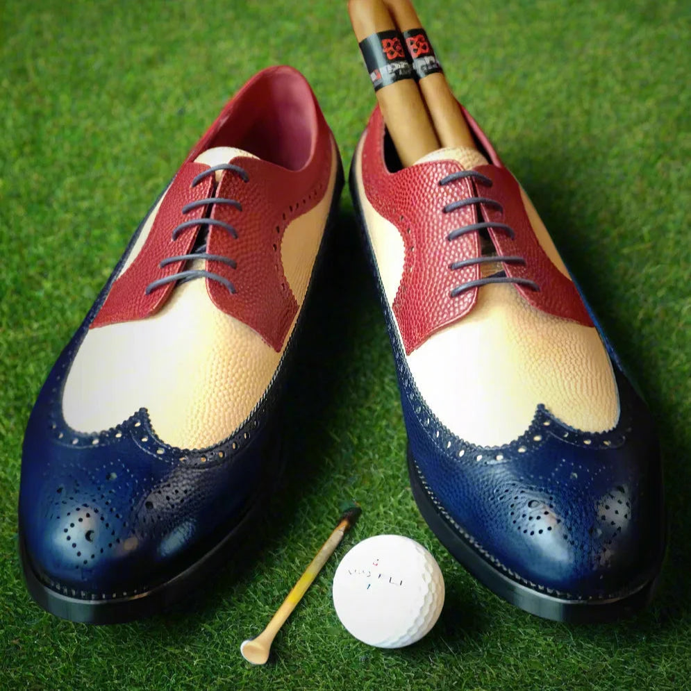 Winsconsin longwing blucher golf shoes in pebble Italian leather with navy, red, cream accents