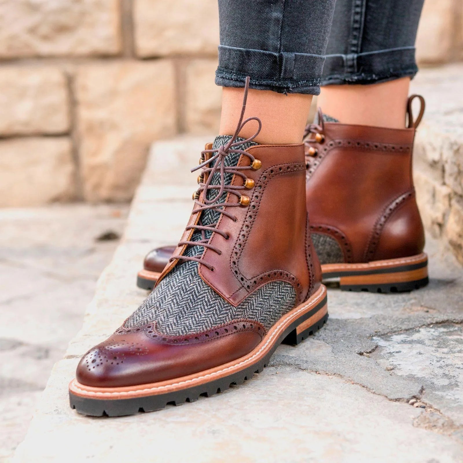 Z Ladies Military Brogue II brown leather and herringbone tweed ladies military brogue boot
